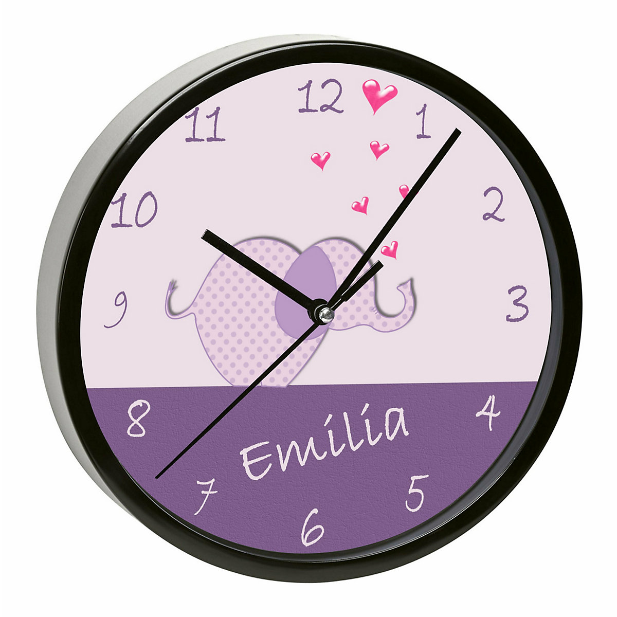 Kinder Wanduhr personalisiert mit Name Elefant lila