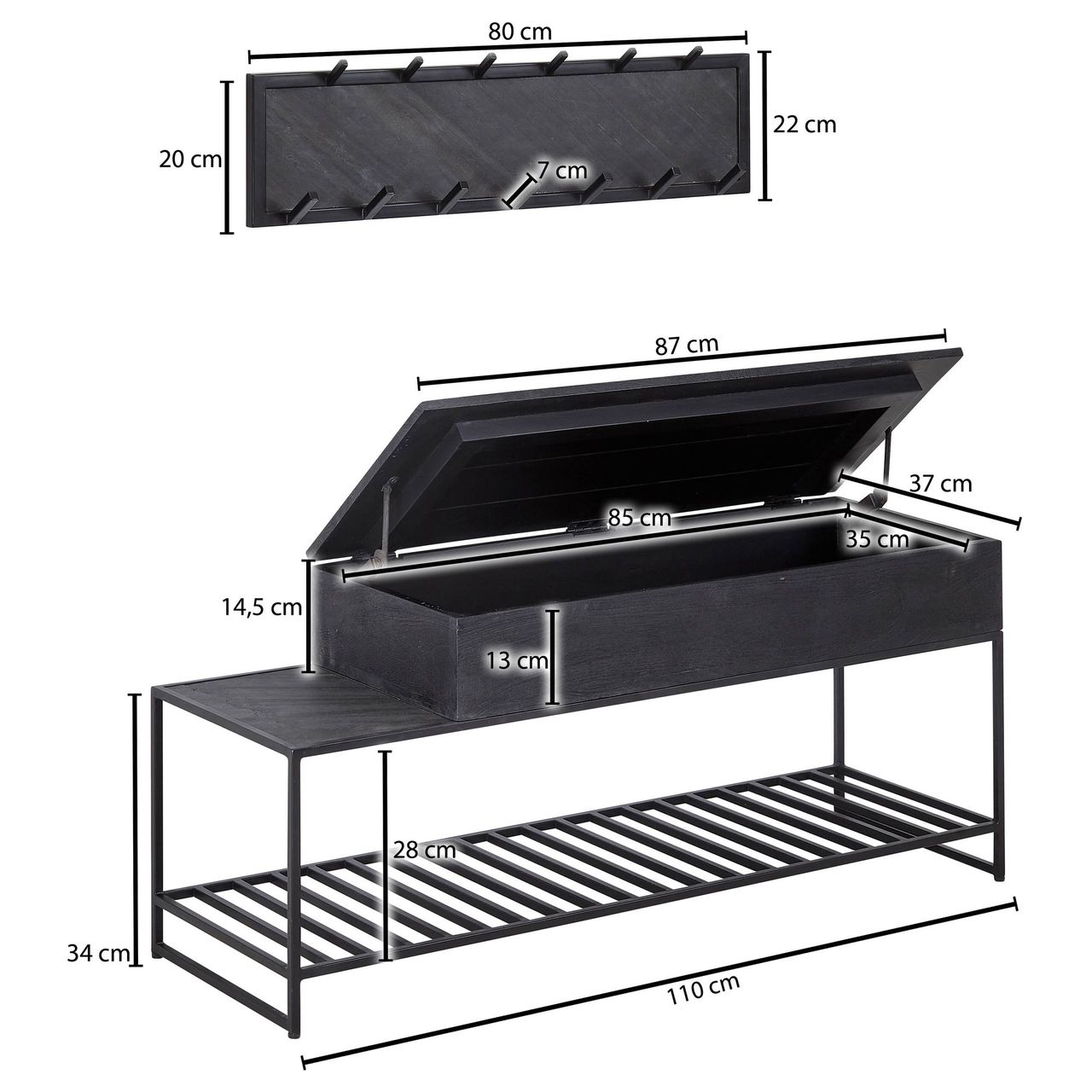 Skyport WOHNLING Garderoben Set Schwarz Holz Massiv Wandgarderobe Sitzbank Flurgarderobe