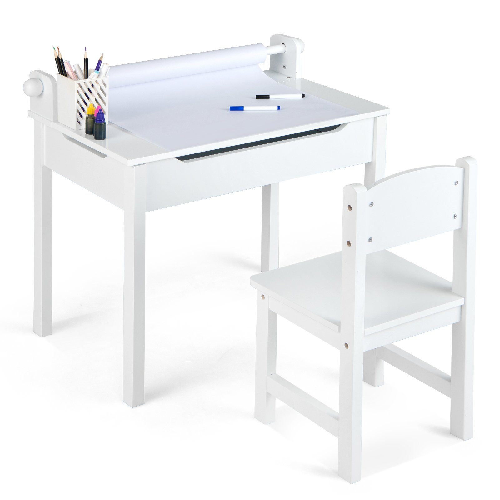 COSTWAY Kinderschreibtisch, mit Papierrollenhalter & Stuhl