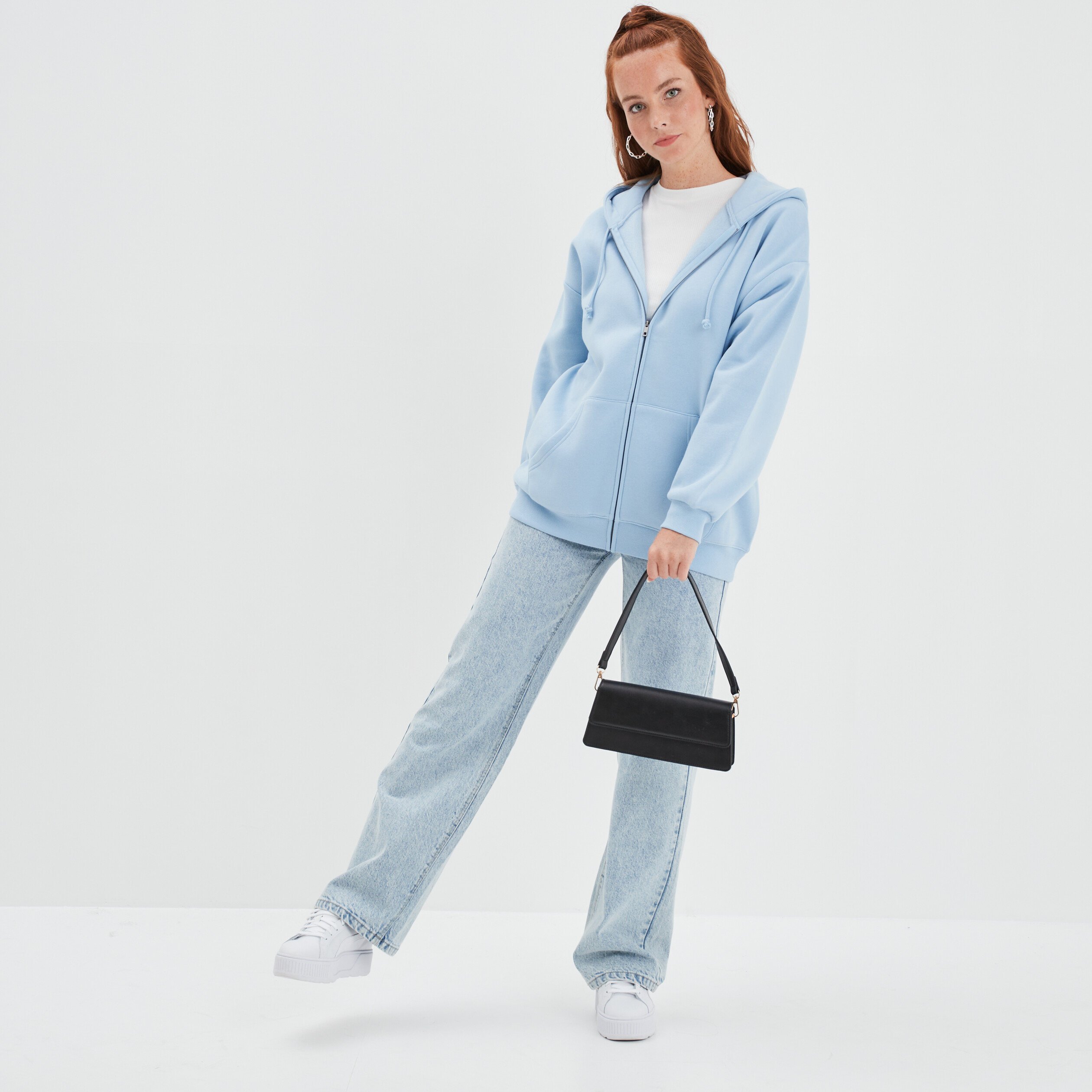 Sweat zippé à capuche oversize mi-long bleu gris femme | La Halle
