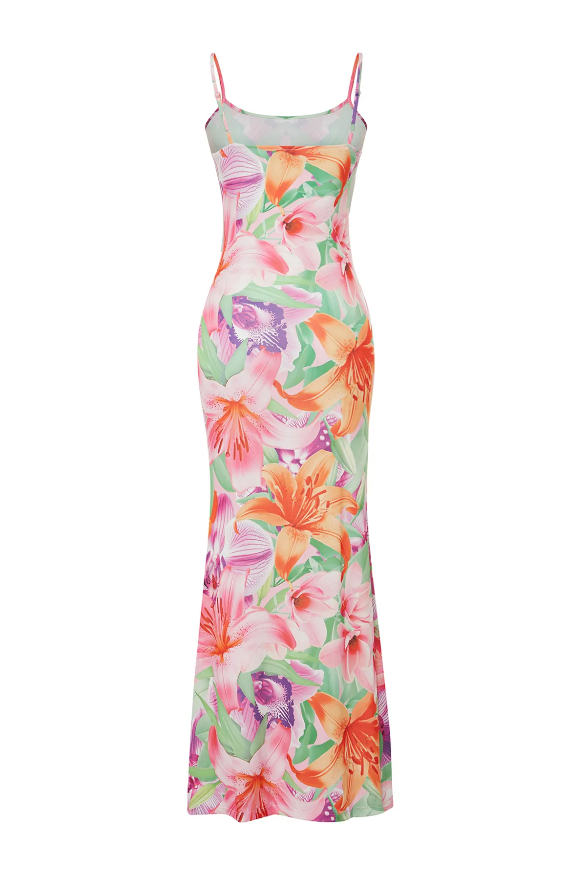 Trendyol Collection  Mehrfarbiges, florales, figurbetontes Maxi-Bleistiftkleid mit Trägern und dehnbarem Strick TWOSS23EL02435