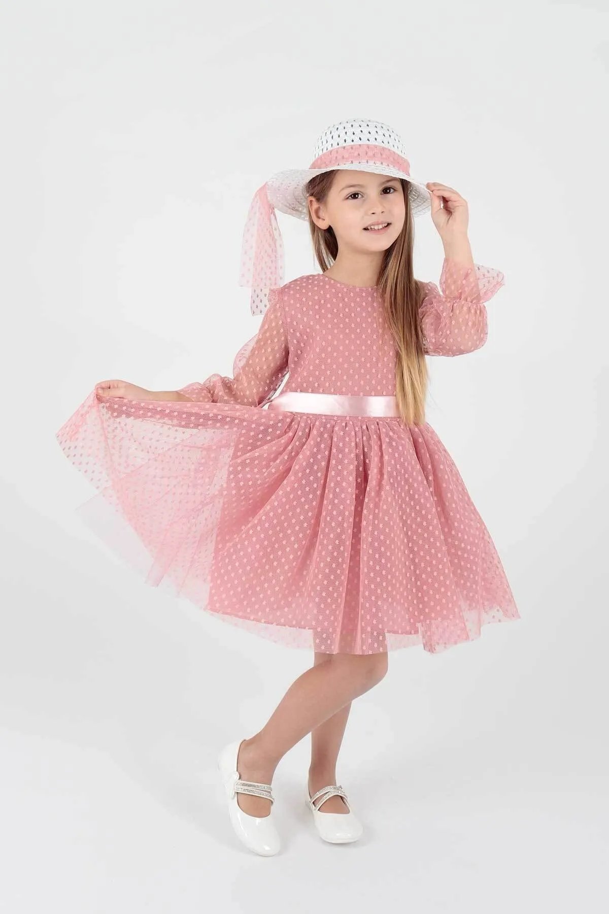 AHENGİM  Trendiges Abendkleid für Mädchen mit Hut und Tüllspitze Ak2228