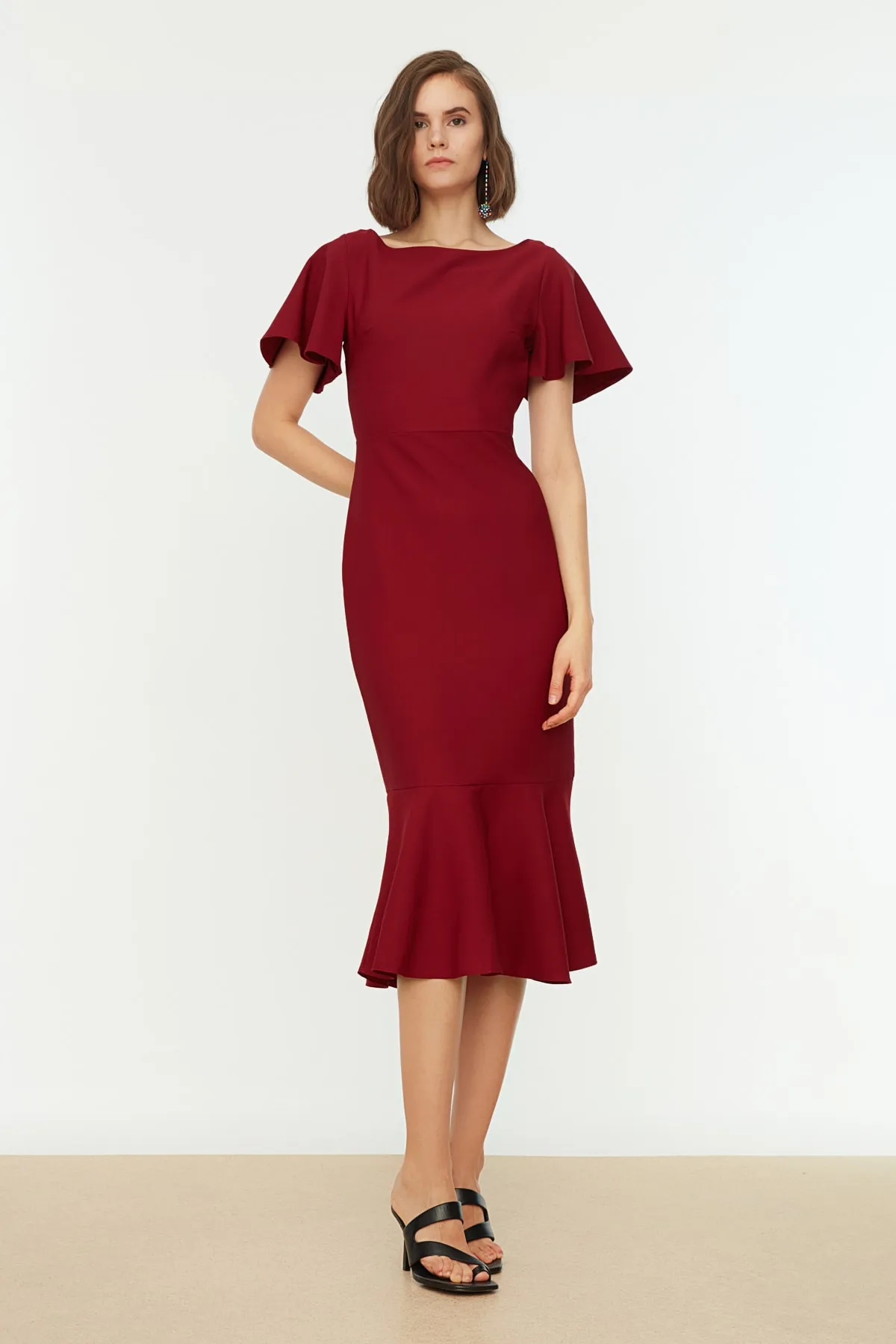 Trendyol Collection  Weinrotes Volant-Midi-Webkleid TWOSS20EL1342