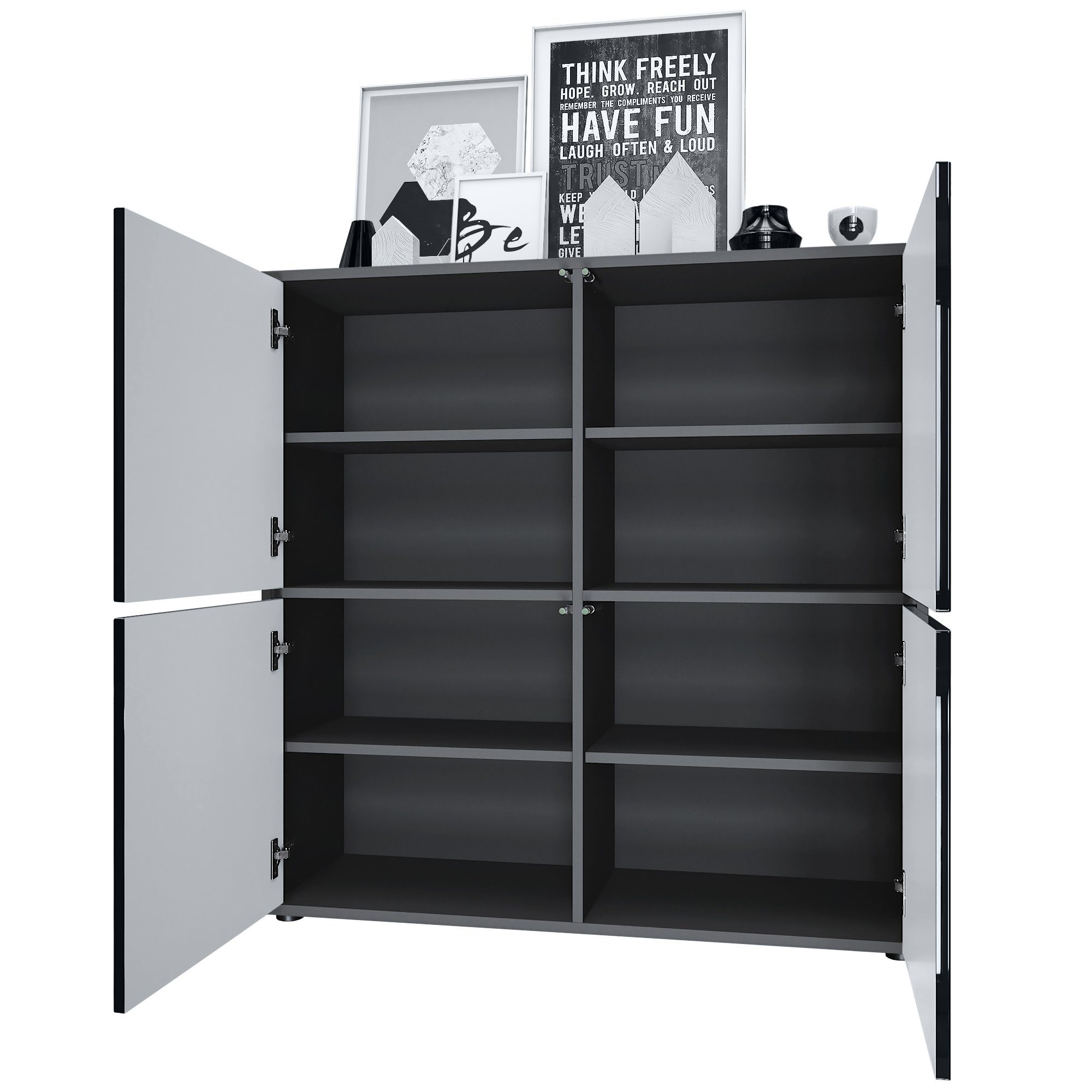 Vladon Highboard Cuba (Schrank, 104 x 105,5 x 35,5 cm Sideboard mit 8 Fächern), Korpus in Schwarz matt / Fronten in Schwarz matt
