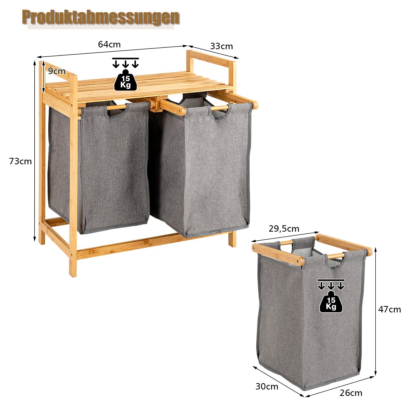 COSTWAY Wäschekorb, 2 Fächer Bambus, mit Ablage, 64x33x73cm