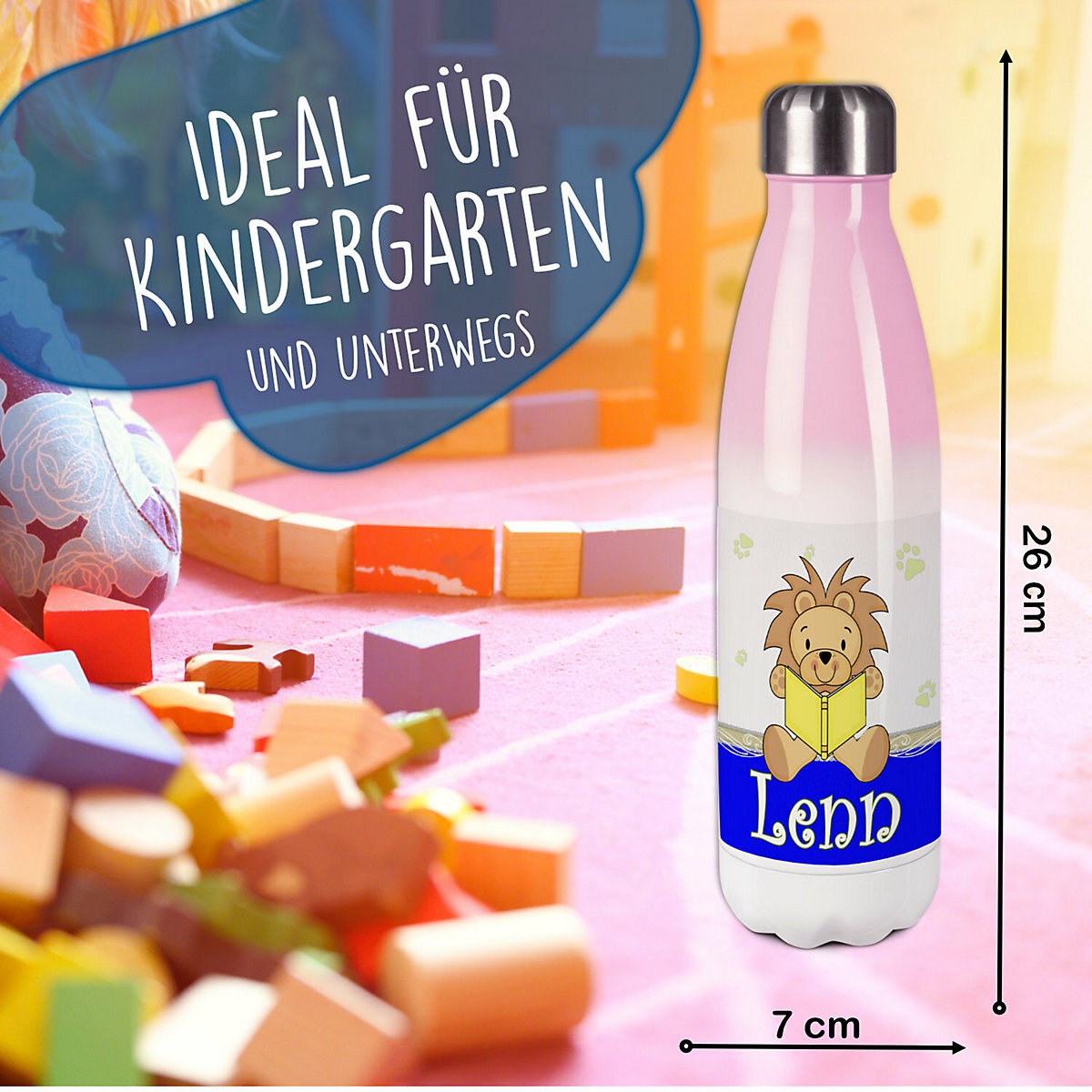 Edelstahl Kinder Thermoflasche / Trinkflasche bunt Leselöwe Farbe blau Spülmaschinenfest, Auslaufsicher, Bruchfest, Doppelwandig, Für Heißgetränke geeignet, Mit Deckel, Isoliert