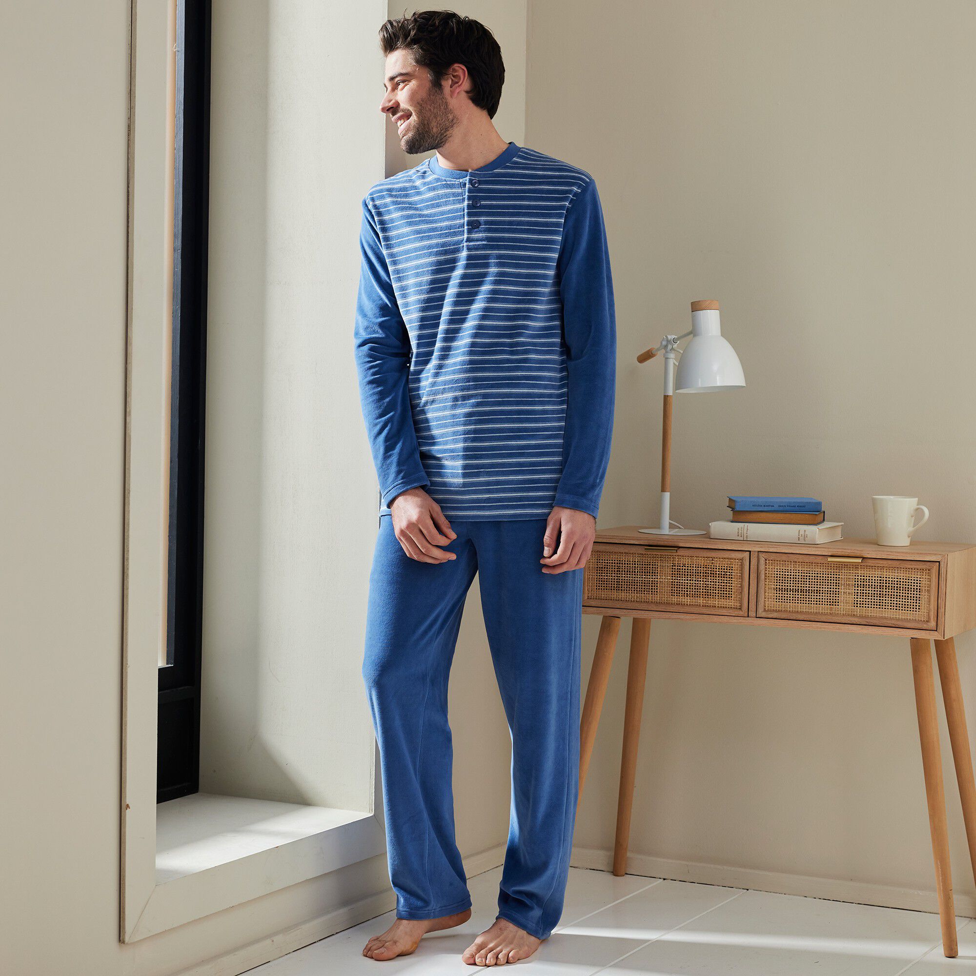 Pyjama pantalon rayé velours manches longues