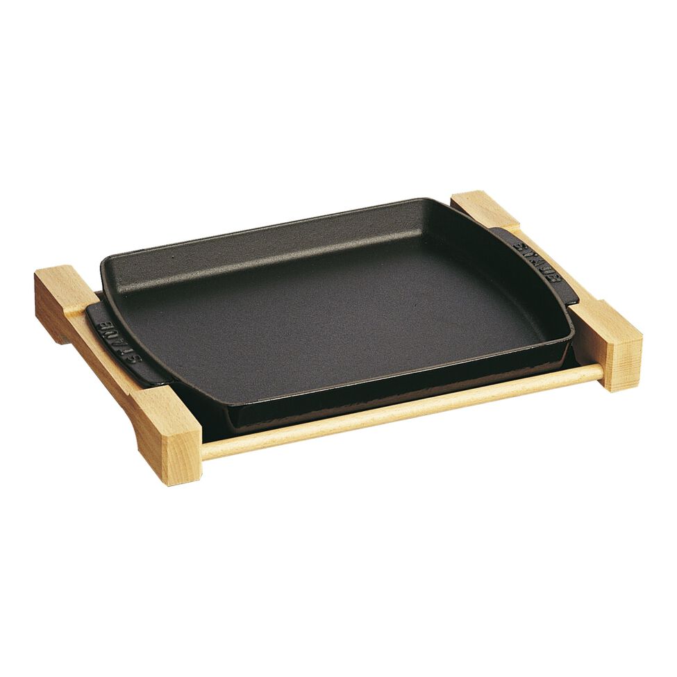 Teller mit Holzunterlage 33 cm x 22 cm, Gusseisen, Schwarz