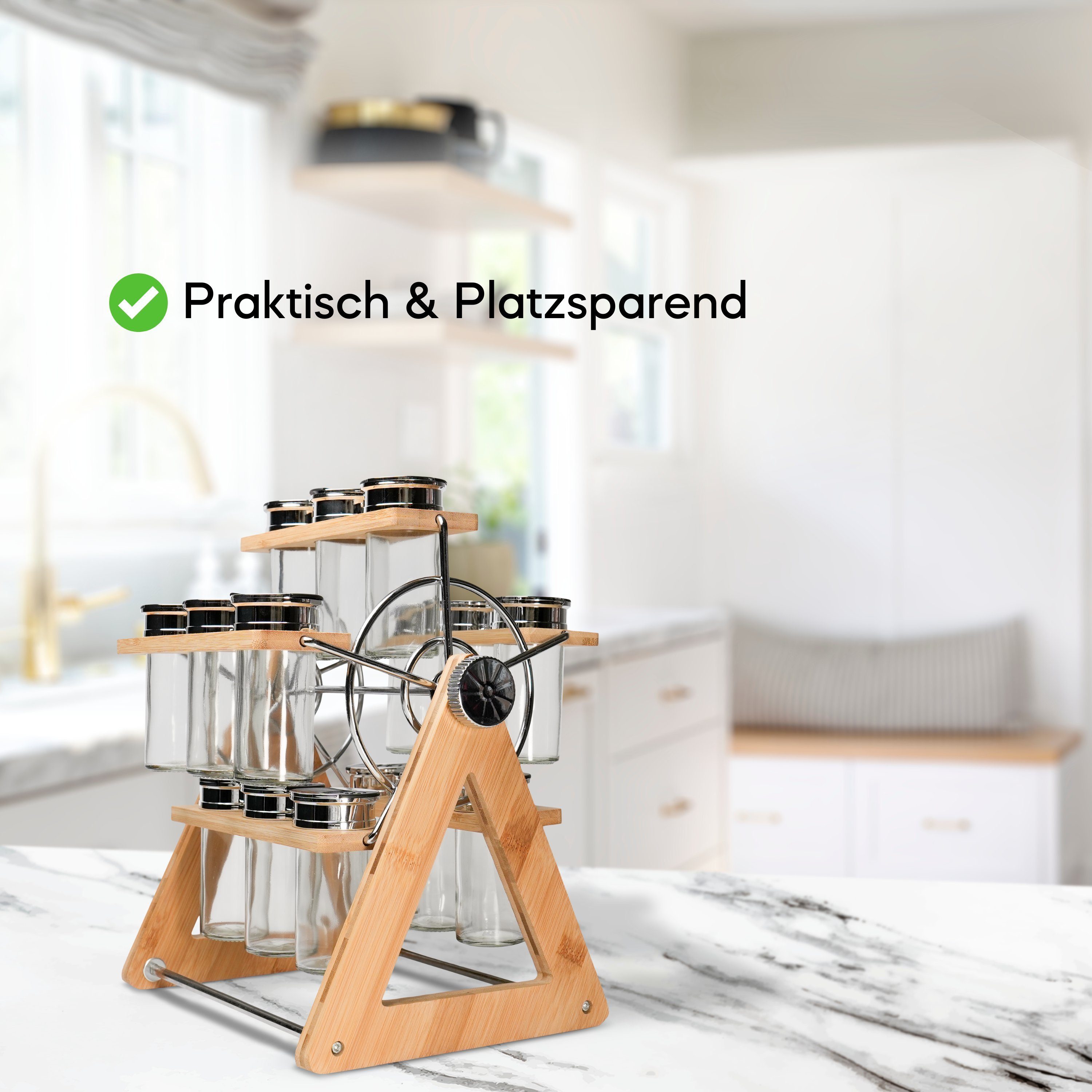 Coradoma Gewürzregal aus Holz Drehbar & Stehend mit 15 Gewürzdosen, Gewürzgläser