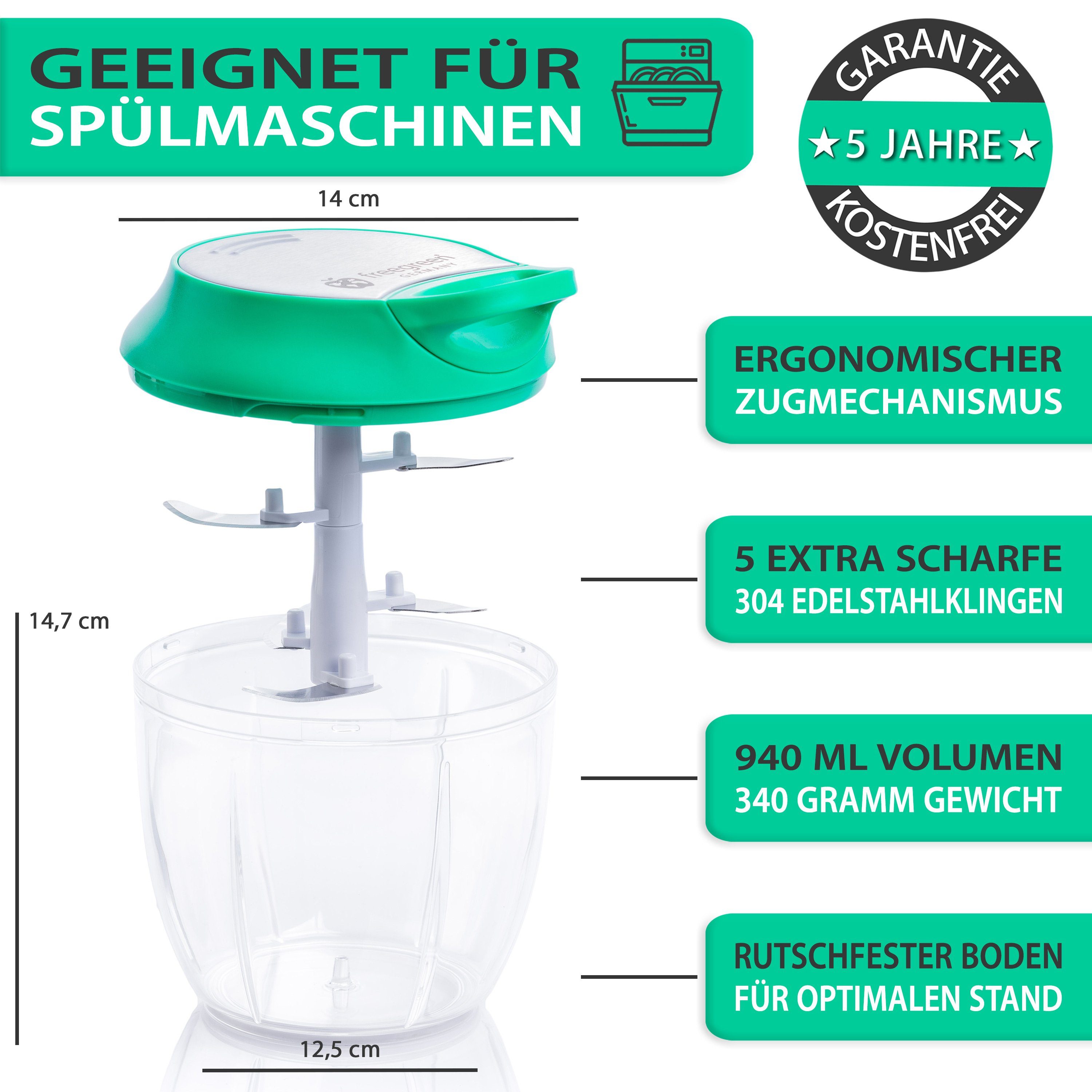 freegreen® Zwiebelhacker 940 ml, Multi-Zerkleinerer I Zwiebelschneider I Universalzerkleinerer, Edelstahl Gemüseschneider mit Mixer-Einsatz und Frischhaltedeckel