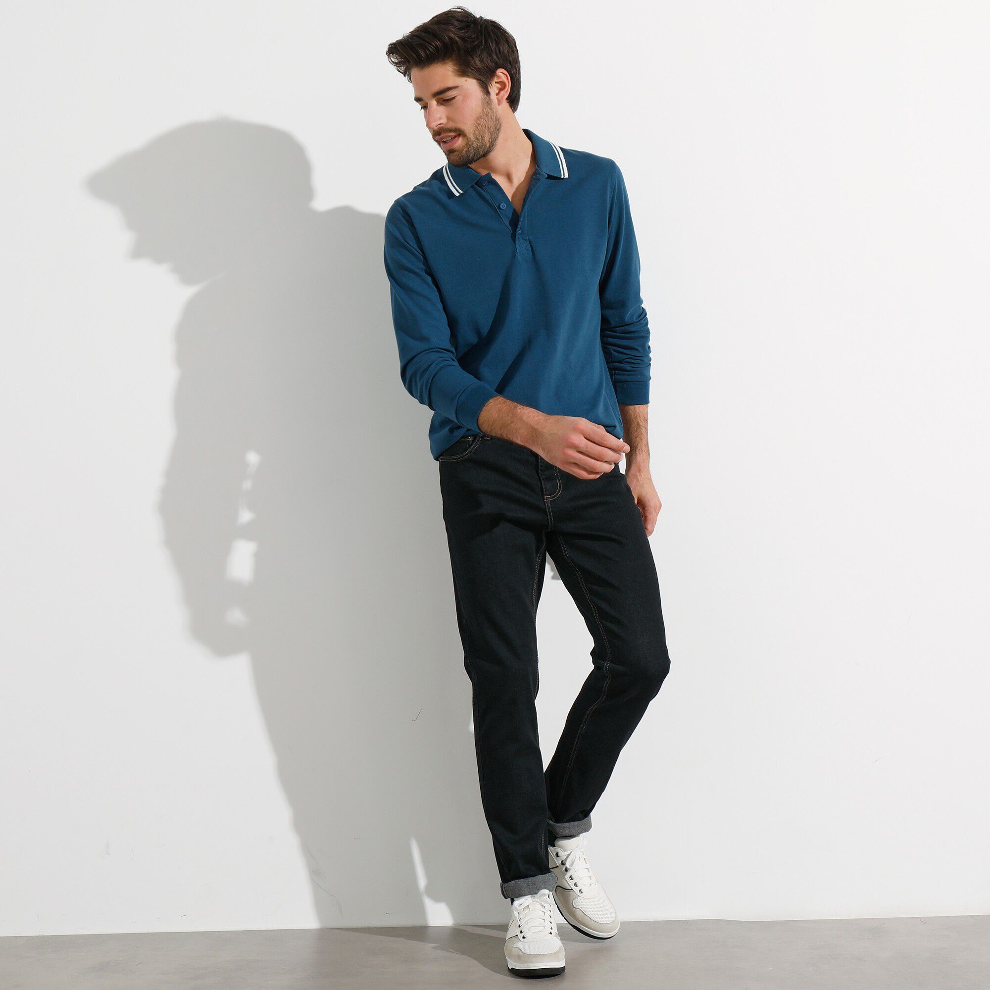 Polo uni maille piquée manches longues