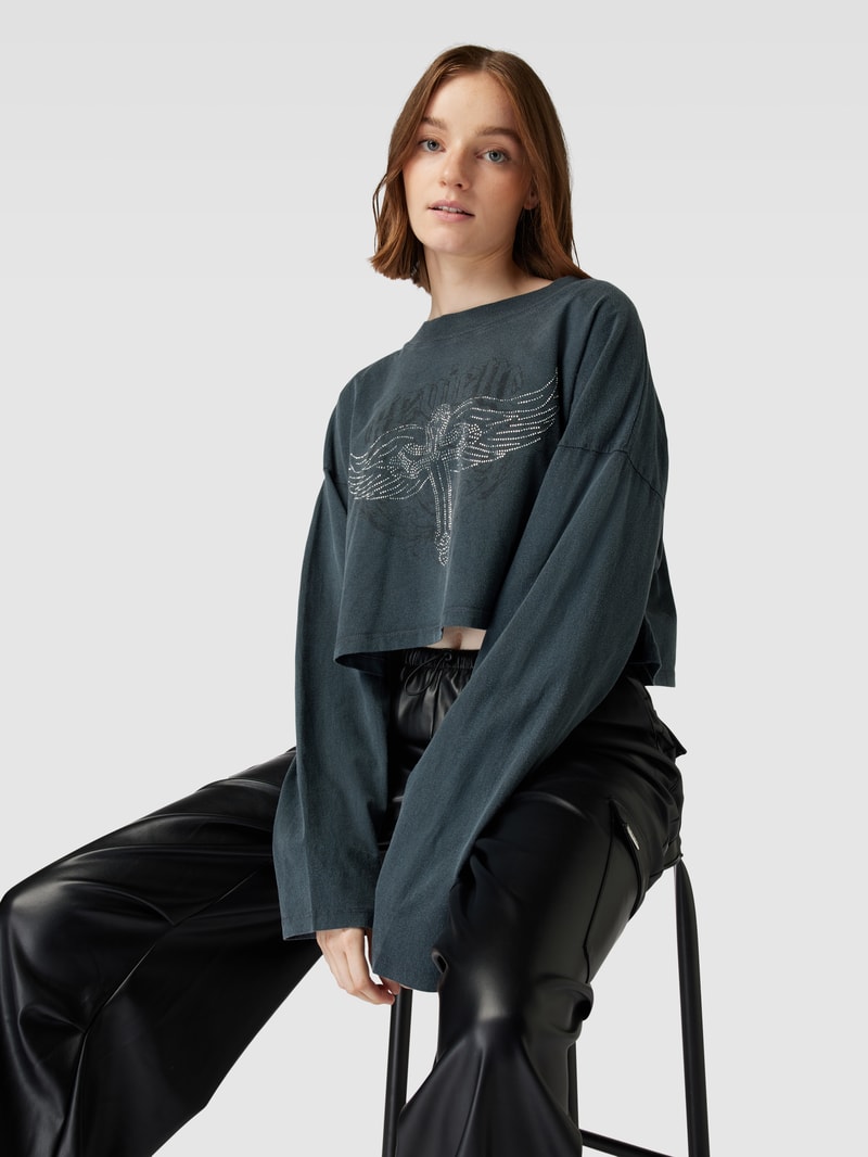 Oversized cropped Longsleeve mit Ziersteinbesatz in anthrazit