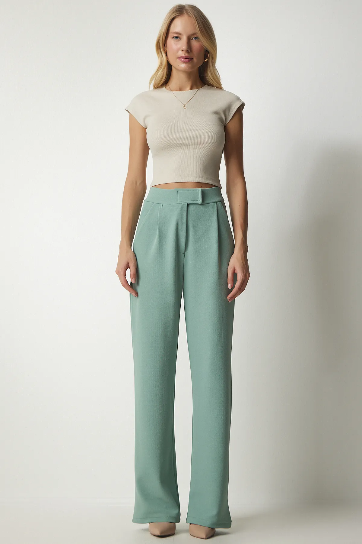 Happiness İstanbul  Wassergrüne, bequeme Webhose mit Klettverschluss für Damen RV00150