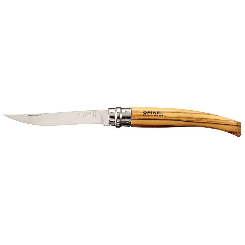 Messer - Opinel n.10 inox mod. Filet mit Olivenholzgriff, Scheide und Holzkiste.