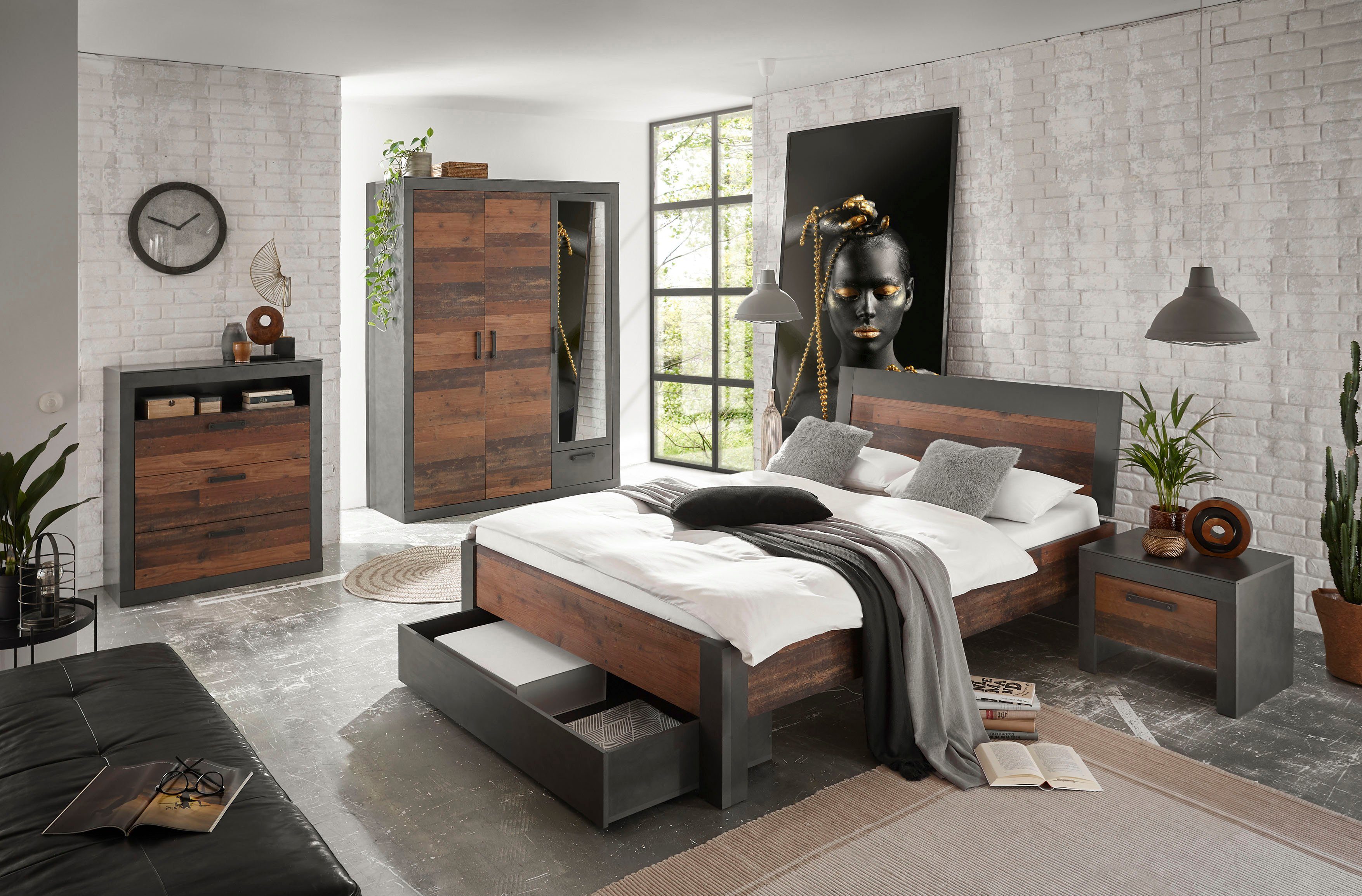 Home affaire Schlafzimmer-Set BROOKLYN, (Set, 5-St), Bett mit Holzkopfteil und Schublade