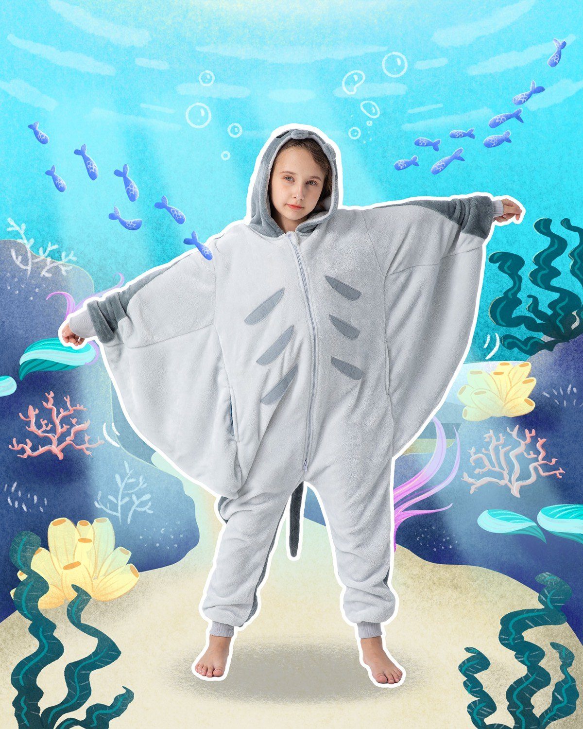 Corimori Jumpsuit Flauschiges Manta Rochen-Kostüm für Kinder (1-tlg) Karneval, Fasching, Onesie, Mädchen, Jungen, Jugendliche, Meeres-Tiere