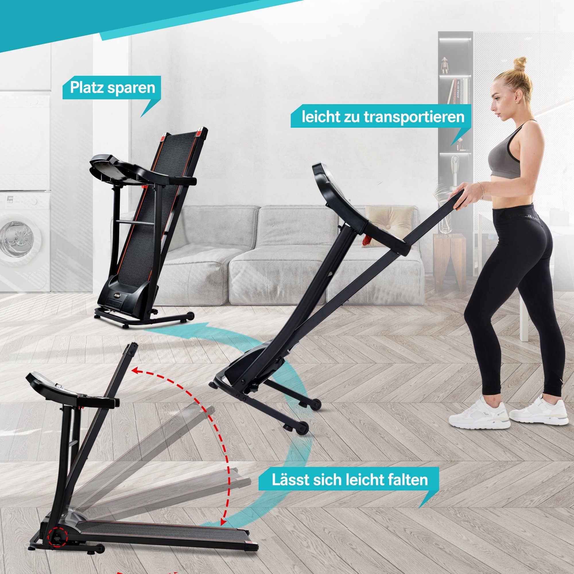 Fangqi Laufband Klappbar elektrisch Laufbänder,1,5 PS leiser Elektromotor bis 12 km/h (Kinomap, USB, AUX, Bluetooth, 4-lagige rutschfeste Laufgurt (Größe: 40 * 98cm), bis 100kg), 12 automatische Programme, Trainingsgeräte mit LED Display