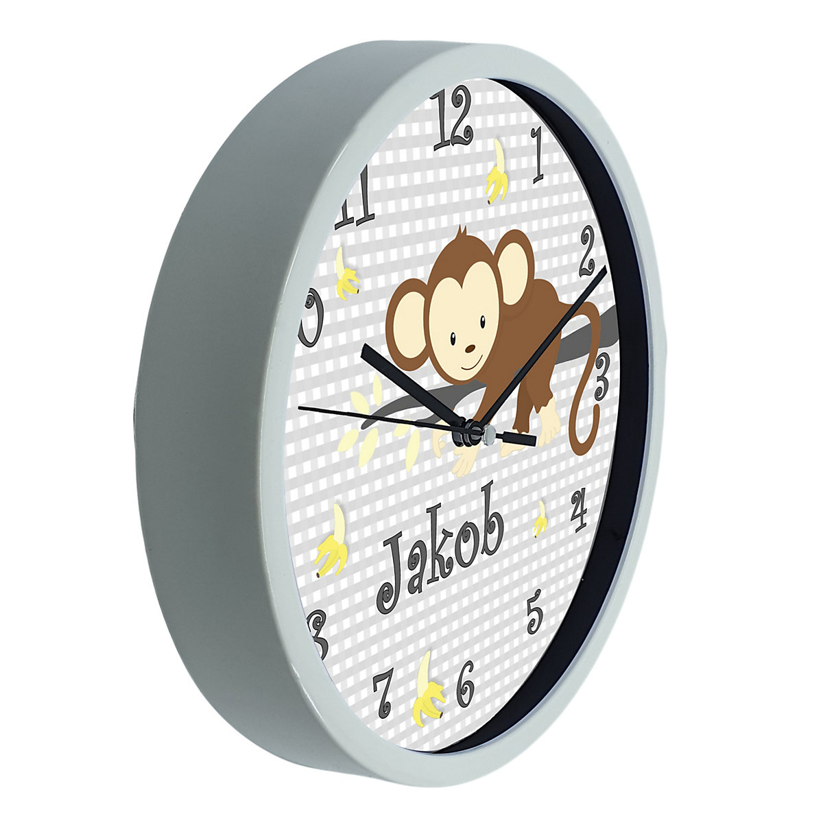 Kinder Wanduhr personalisiert mit Name Affe hängend Grau