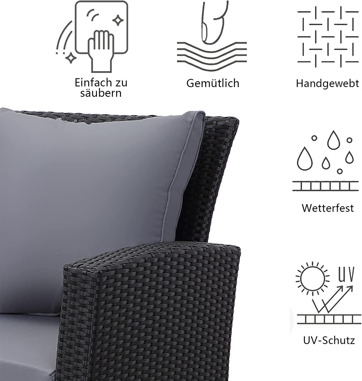 MeXo von GLP HOME Gartenlounge-Set Balkongarnitur Gartenmöbel Set Polyrattan Wetterfest für 3-4 Personen, (Loungeset Kleiner Balkon Sitzgruppe, 4-tlg., Balkonset, Sitzgarnitur mit Kissen), Gartengarnitur für Lounge Klein Terrasse Garten Indoor Outdoo