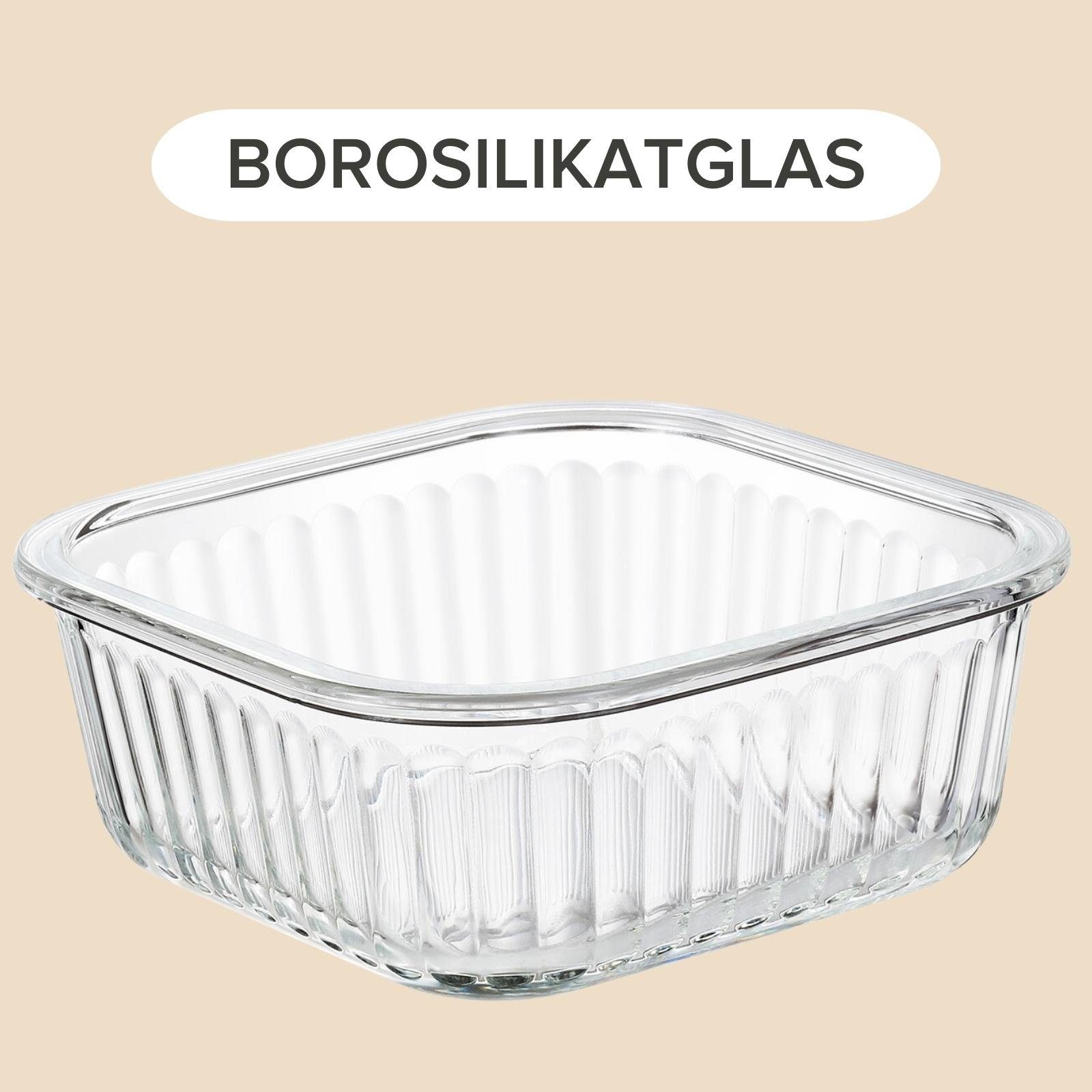 PIE LOCK Vorratsdose Vorratsdosen Glas mit Deckel - Frischhaltedosenset, Borosilikatglas, (PIE LOCK, 3 tlg. quadratisch, Vorratsdosen-Set, Borosilikatglas, Bambusdeckel, 320ml, 520ml, 800ml, stapelbar, Frischhaltedose, Brotdose, Meal Prep, 6-tlg., Pr