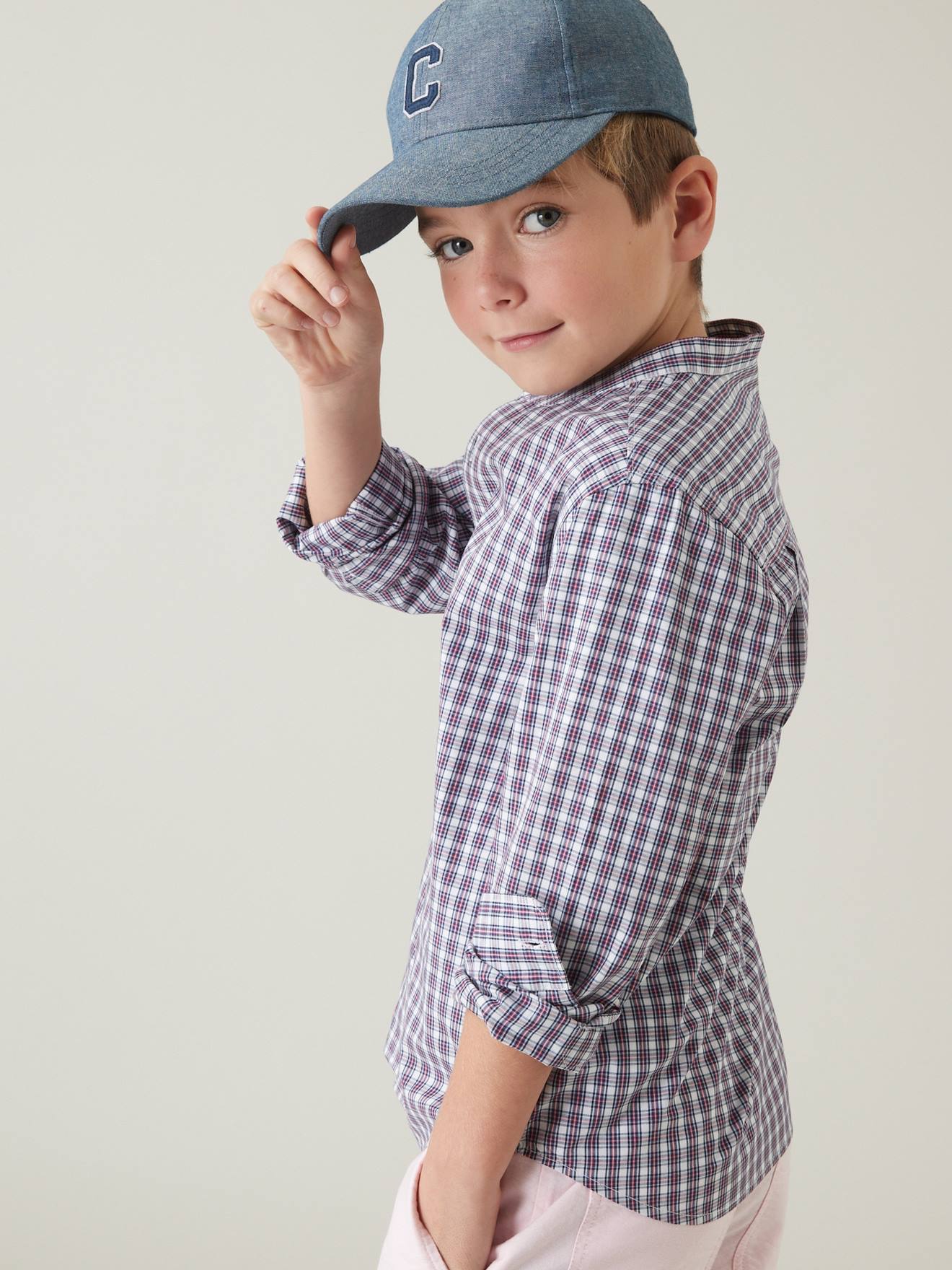 Chemise à carreaux garçon col mao CYRILLUS rayé blanc