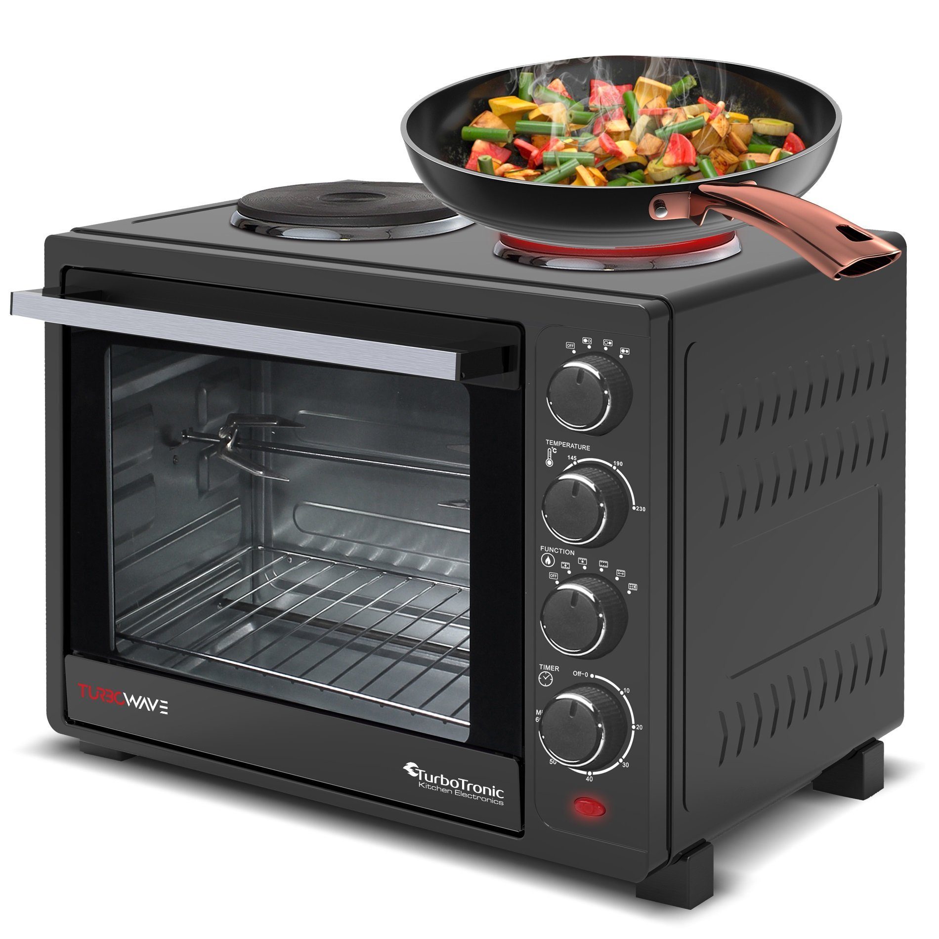 TurboTronic by Z-Line Minibackofen mit Umluft und Drehspieß + 2 Kochplatten 35 Liter, 3200W Pizzaofen, Mini Tisch Backofen Camping Pizzaofen Klein/Groß