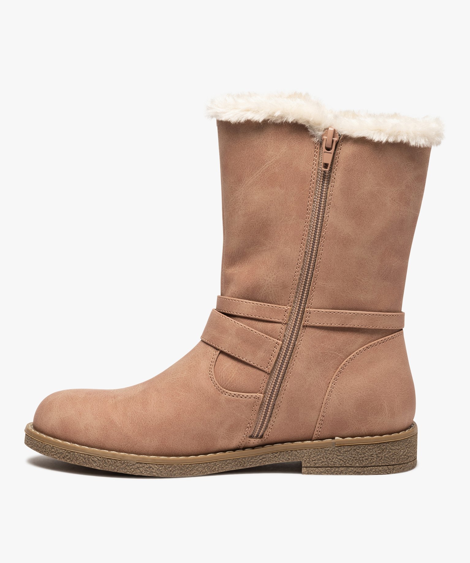 Boots fourrées femme plates unies avec bride décorative rose | GEMO