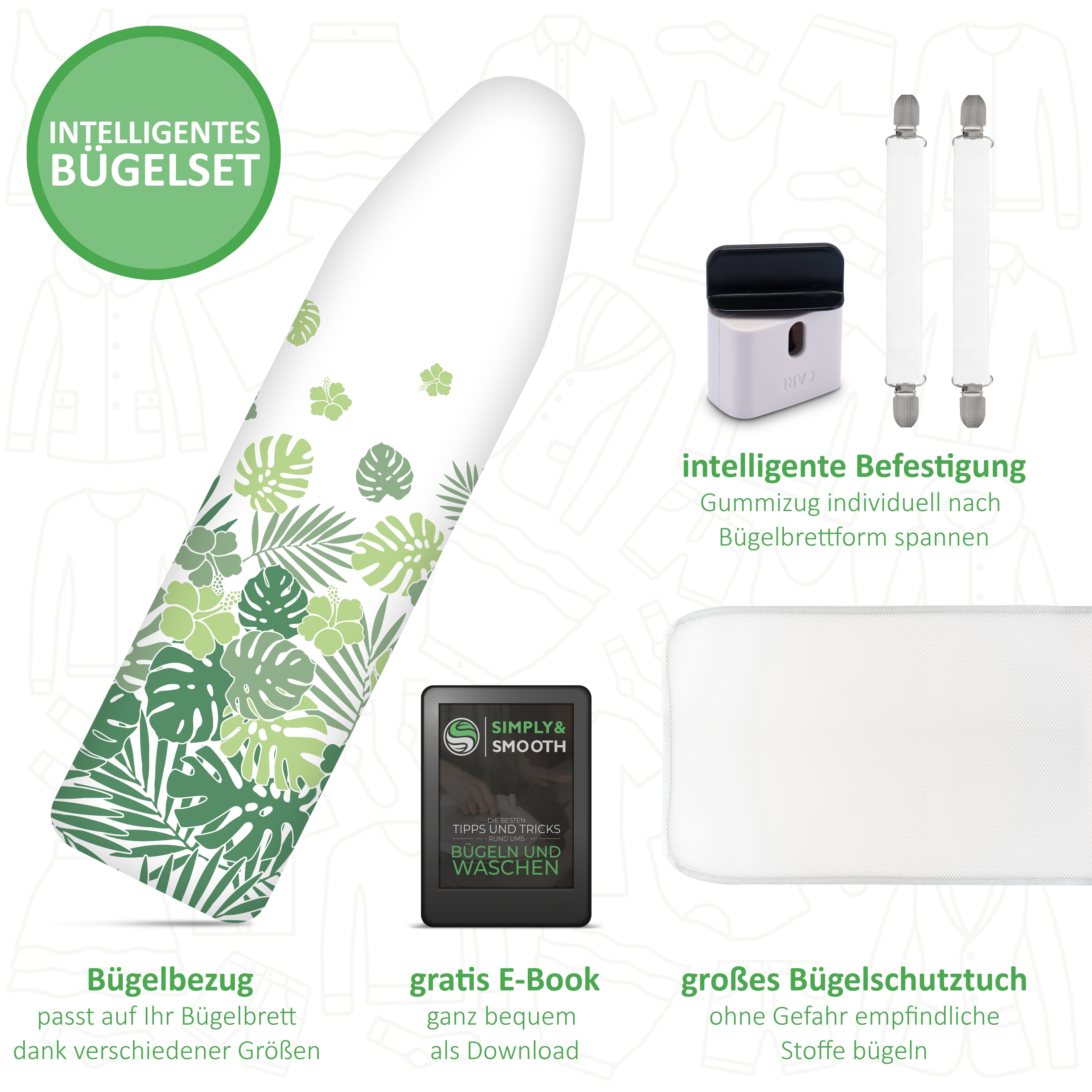 SimplySmooth Bügelbrettbezug in 6 Varianten -, Zubehör für alle Bügelbretter bis 130x45cm, mit Park- und Turbozone, Gummizug, Spannern, Kordeldreher, Schutztuch