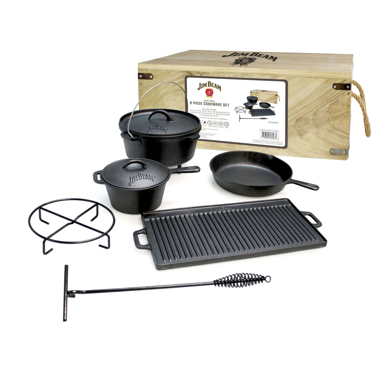 Jim Beam Gusseisernes Kochset Dutch Oven 9tlg in Holztruhe