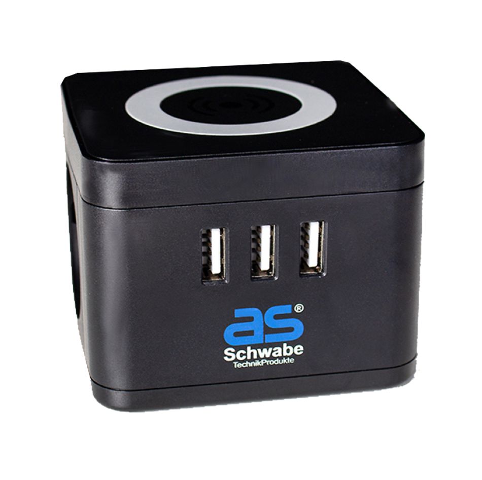 Schwabe 18220 Steckdosenleiste Turm, 2 x geerdet, 3 x USB mit Induktionsladegerät, 1,5 m Kabel