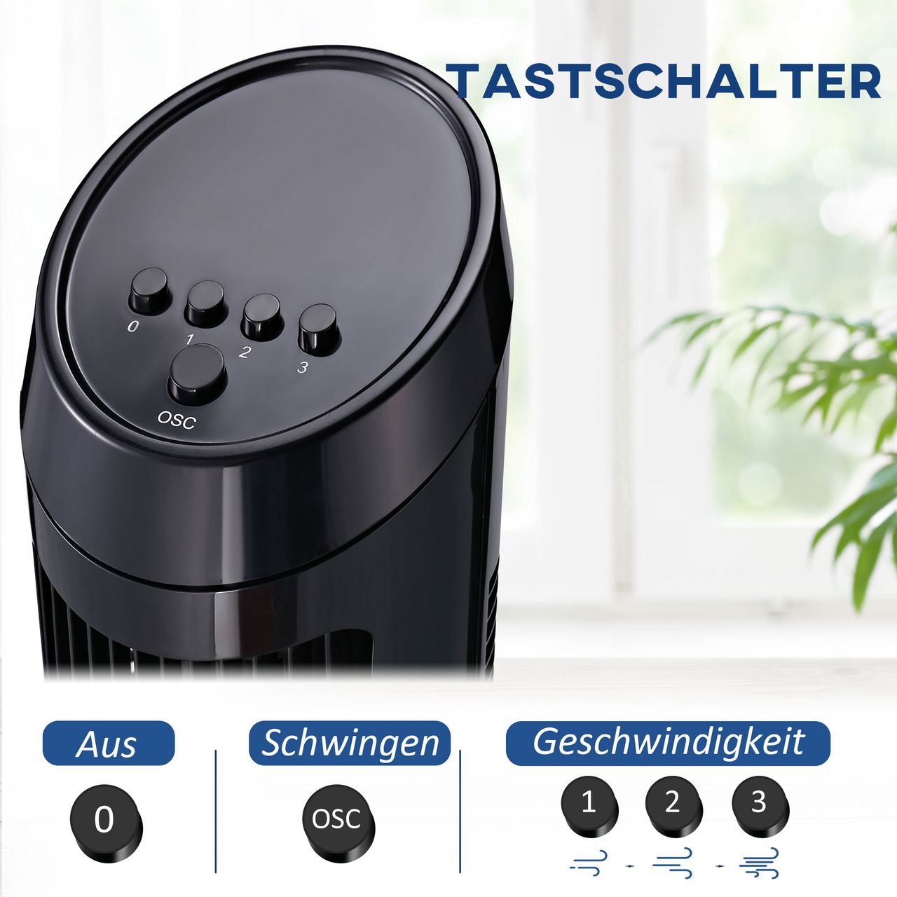 HOMCOM Standventilator 45 W Turmventilator, 3 Belüftungsstufen, ABS, Schwarz