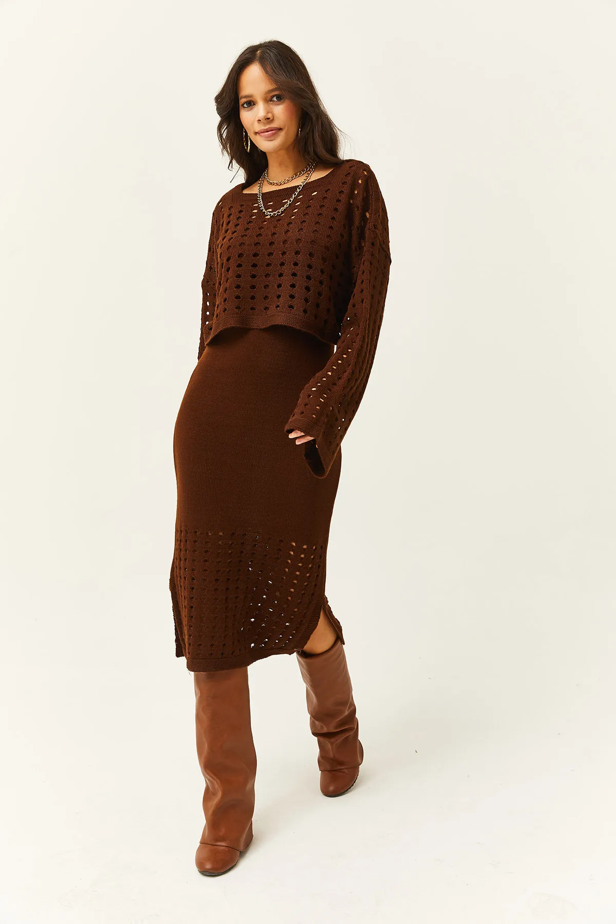 Olalook  Damenoberteil, durchbrochener Pullover, unten, durchbrochenes Kleid, Strickanzug, Bitterbraun, TKM-19000246