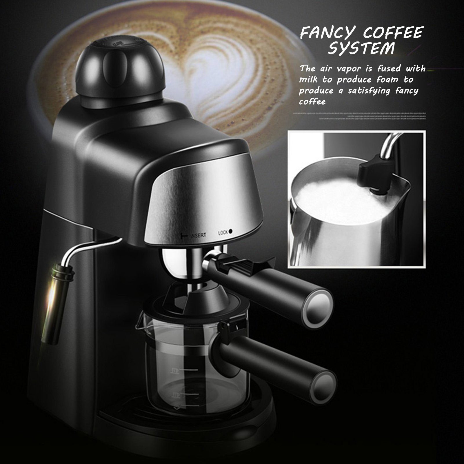 Mutoy Espressomaschine CM6810, kleine Kaffeemaschine mit Milchschäumer, für bis zu 4 Tassen Espresso, 800 W, 5 Bar