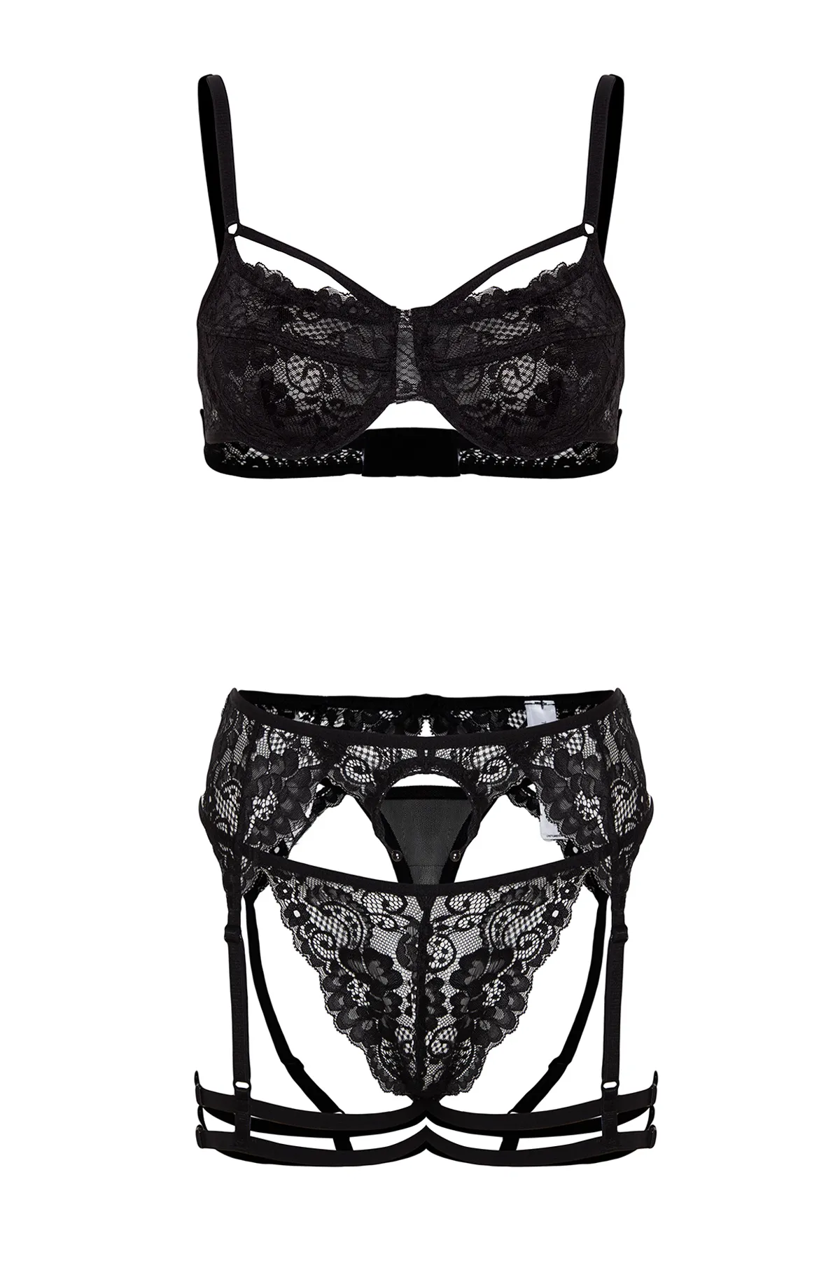 Trendyol Collection  Schwarzes, gestricktes Unterwäscheset mit abnehmbarem Strumpfband aus Spitze und ohne Kappe THMAW24CC00005