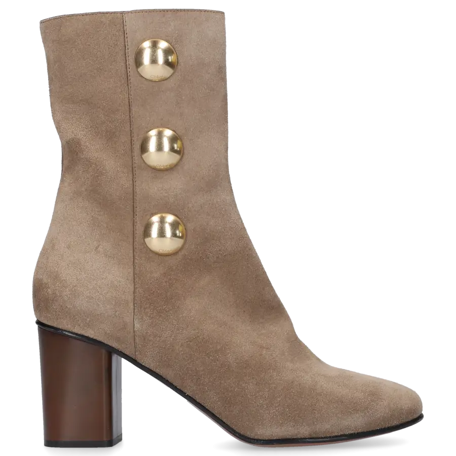 Chloé - Stiefeletten Kalbsleder Veloursleder Prägung Zierknopf olive - grau