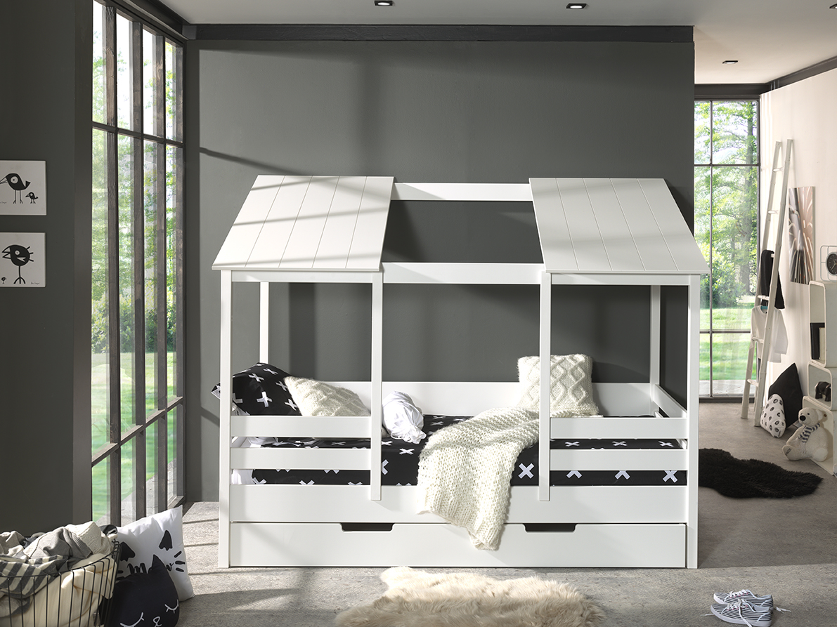 VIPACK Hausbett mit 90 x 200 cm Liegefläche und Bettschublade, offenes Dach Weiß lackiert
