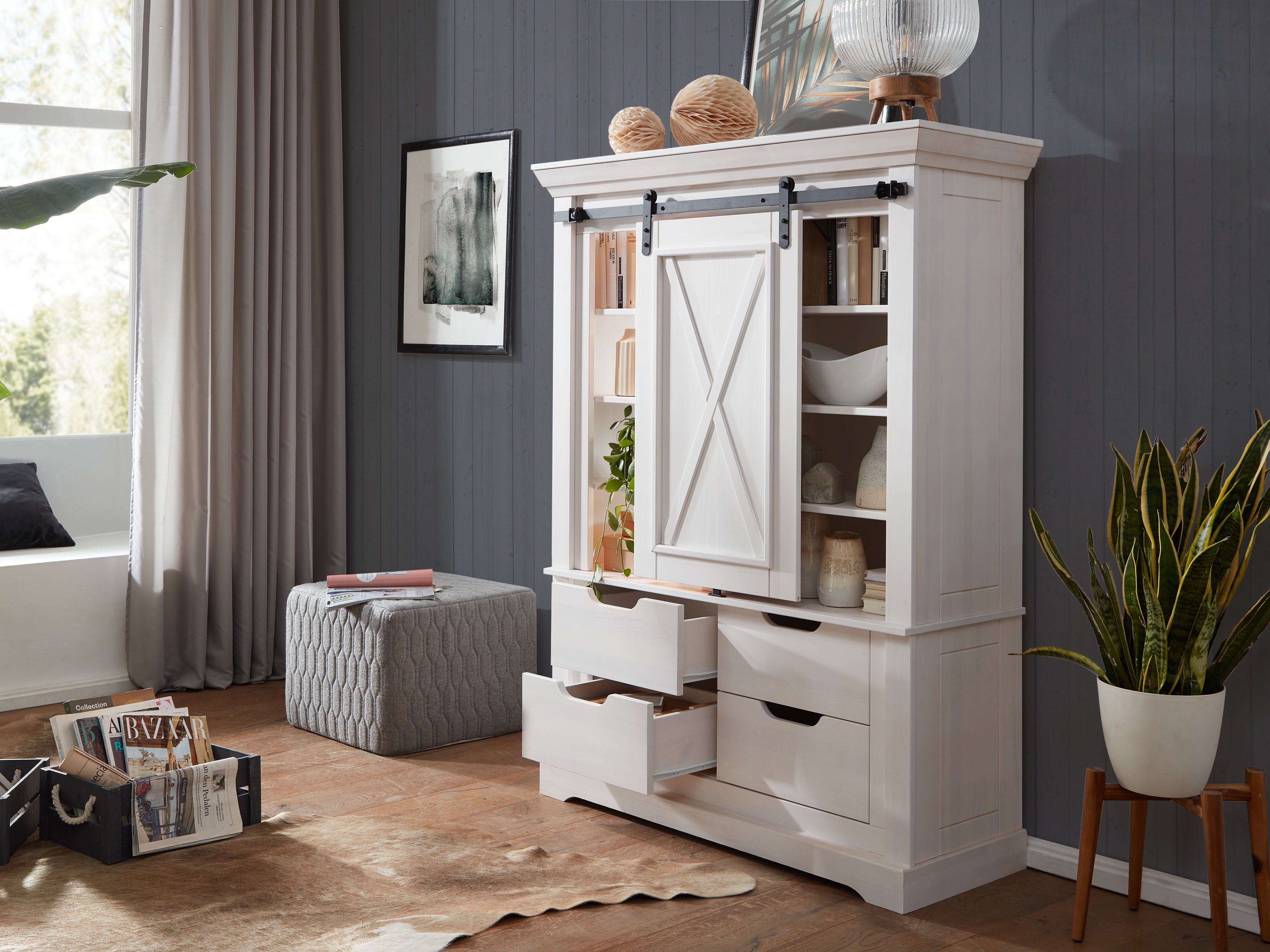 Woodroom Highboard Maribo, Kiefer massiv weiß, BxHxT 109x148x40 cm