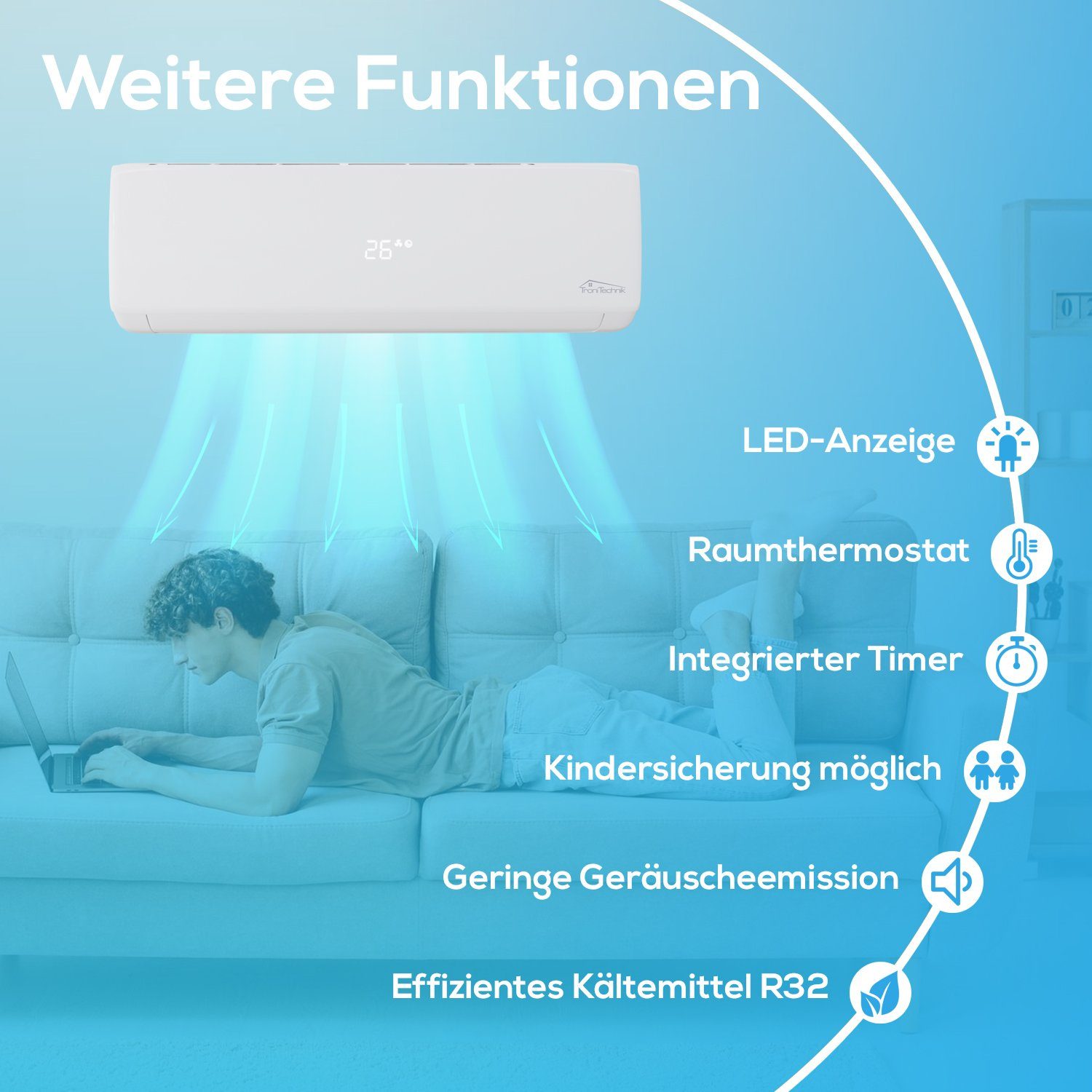 TroniTechnik Split-Klimagerät Dalvik II 9000 Inverter,inkl. Zubehör, App Steuerung, Vorbefüllt, Kühlung,Heizung,Ventilation (6-Stufen Ventilator),Entfeuchtung