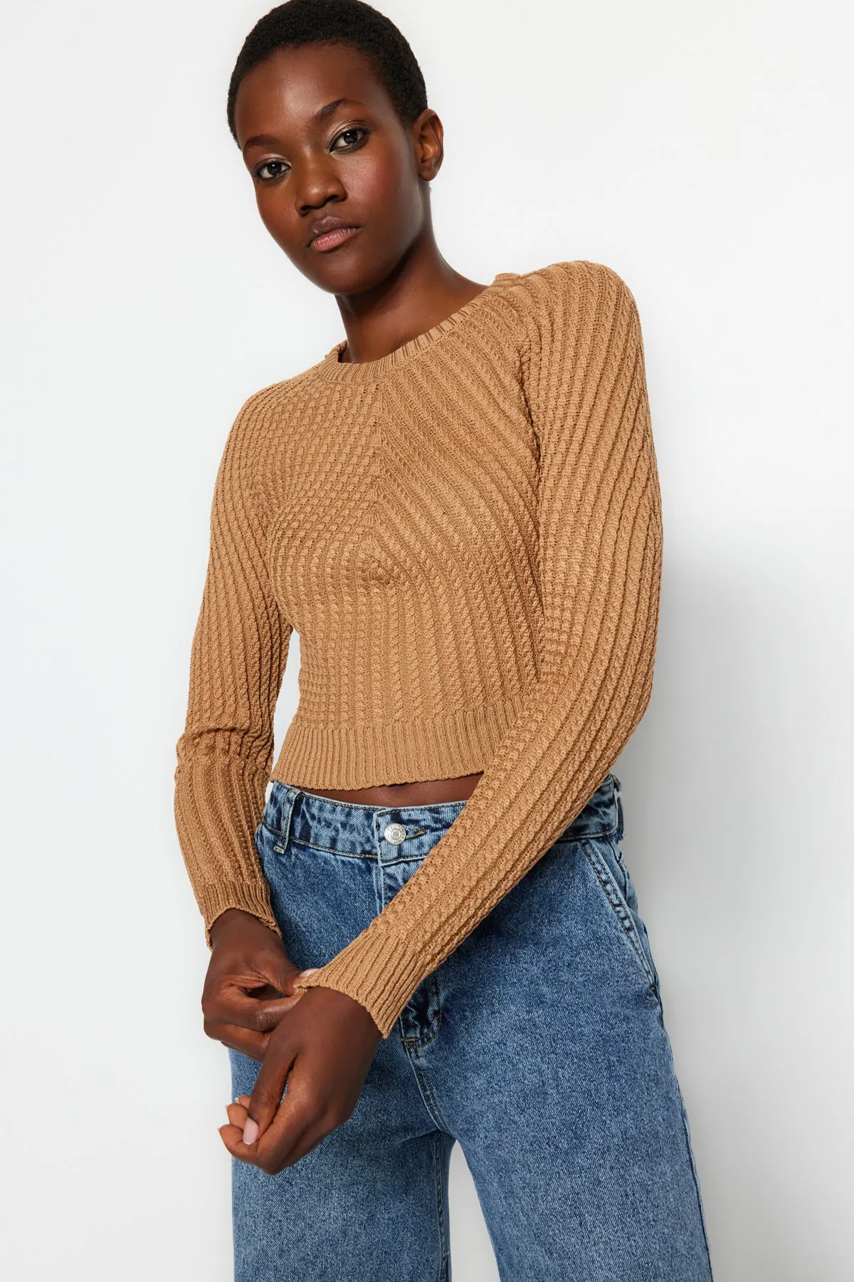 Trendyol Collection  Kurzer Strickpullover mit Rundhalsausschnitt in Kamel TWOAW24KZ00765