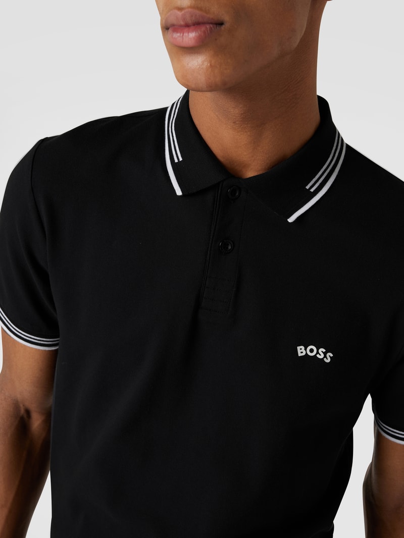 Slim Fit Poloshirt mit Kontraststreifen Modell 'Paul Curved' in schwarz