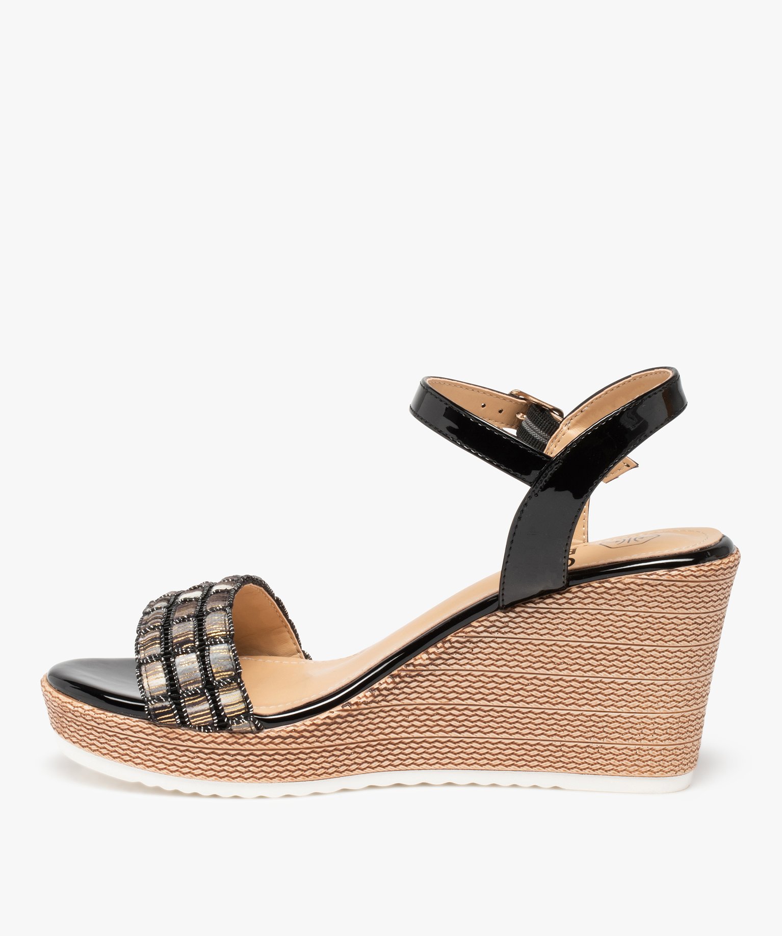 Sandales femme compensées à brides vernies et brodées noir | GEMO