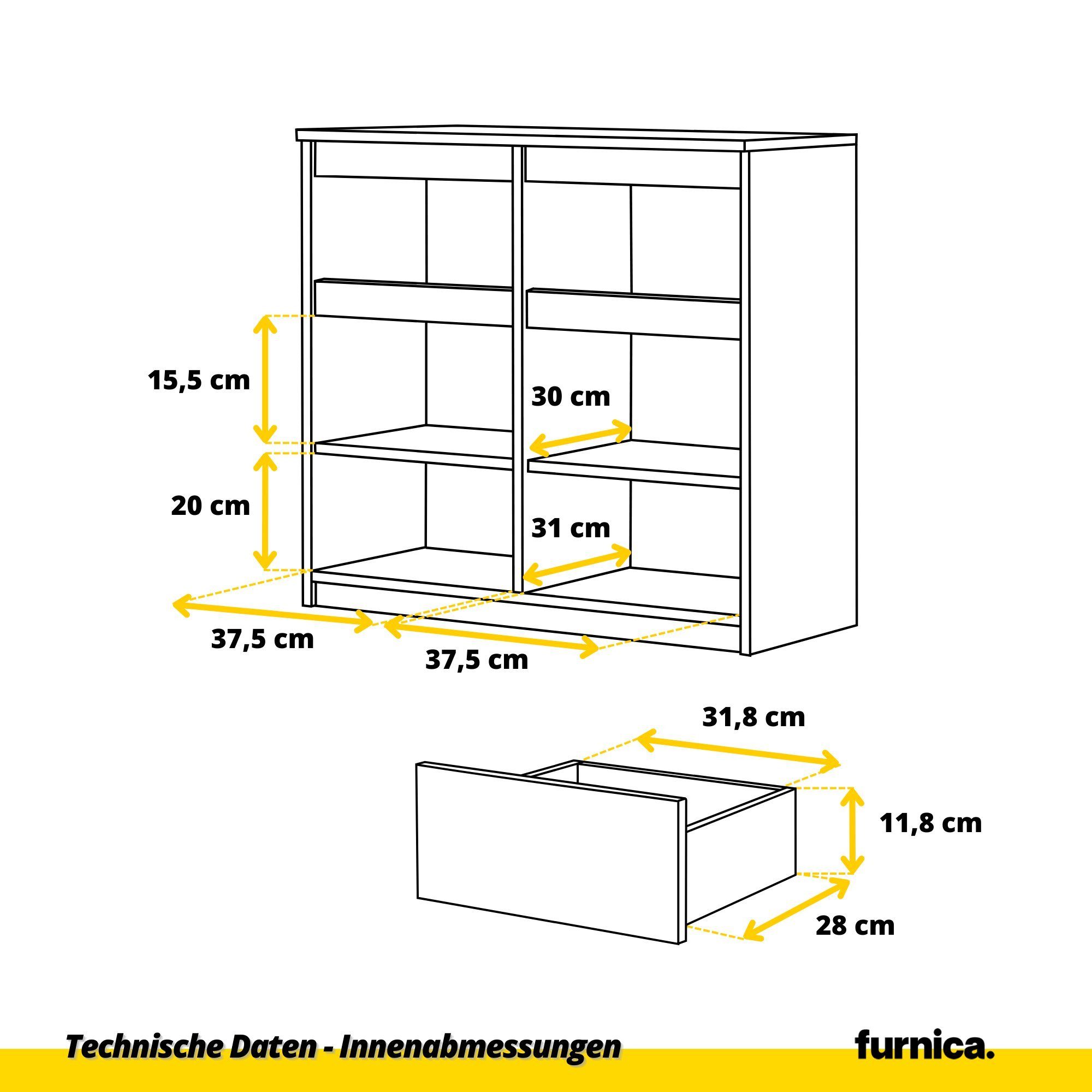 Furnica Kommode NOAH 2 Schubladen und 2 Türen - Anthrazit Grau H75cm B80cm T35cm (1 St)