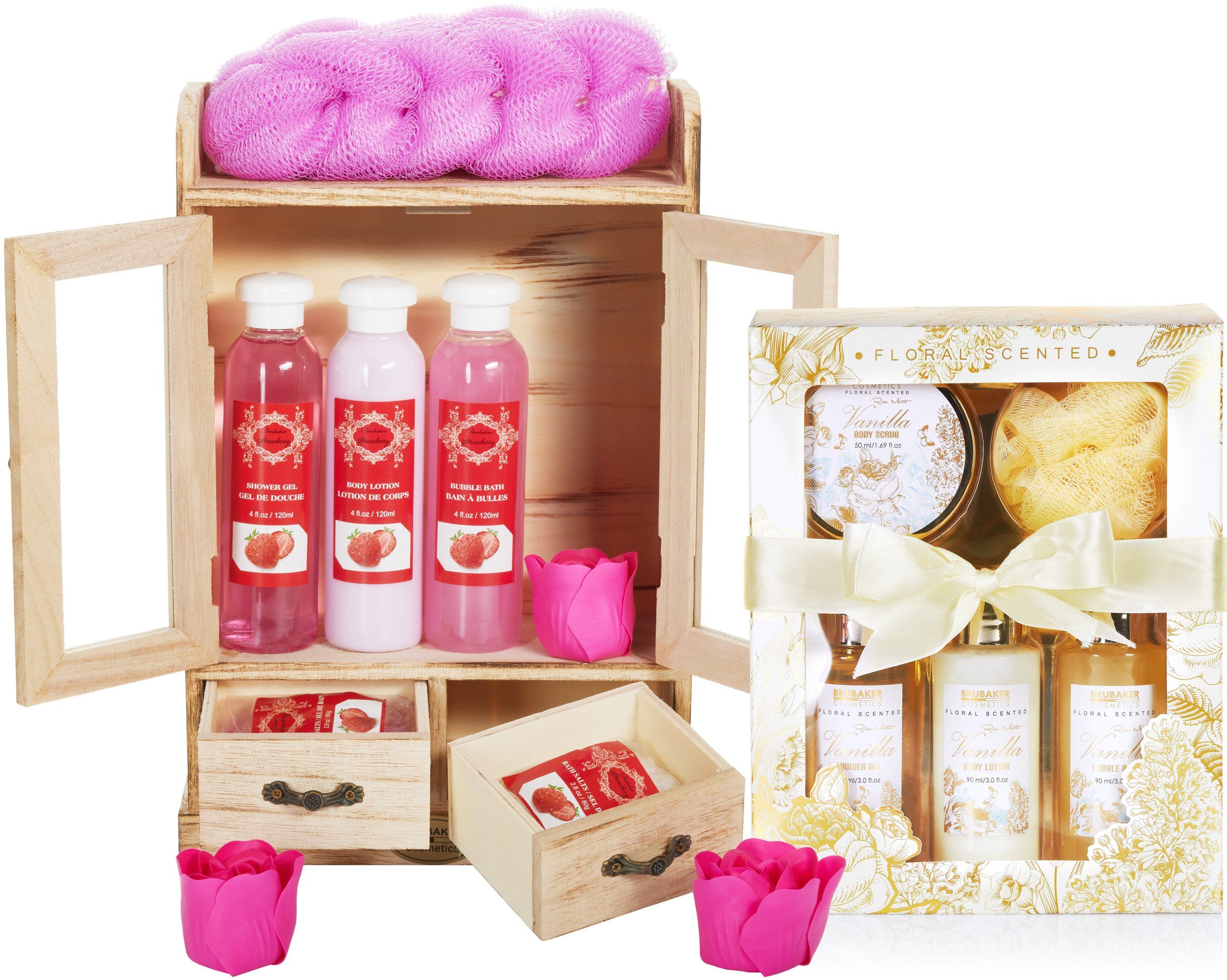 BRUBAKER Pflege-Geschenkset 2 in 1 Pflegeset Erdbeere & Vanilla Rose Minze - Wellness Set, 15-tlg., Damen Dusch- und Badeset - Frauen Beauty Geschenkset mit Dekoration