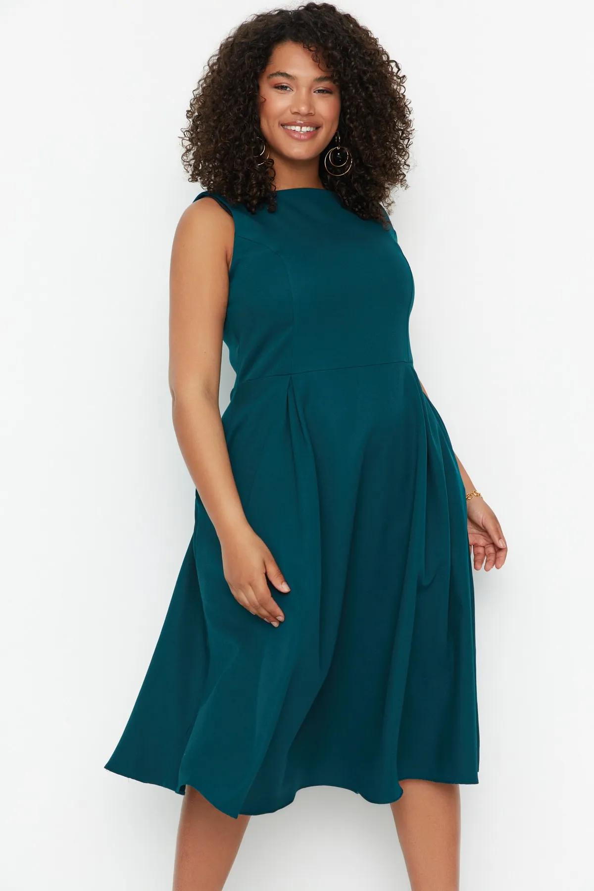 Trendyol Curve  Petrolblaues A-Linien-Kleid mit gewebten Taschen und Details TBBSS22EL1598