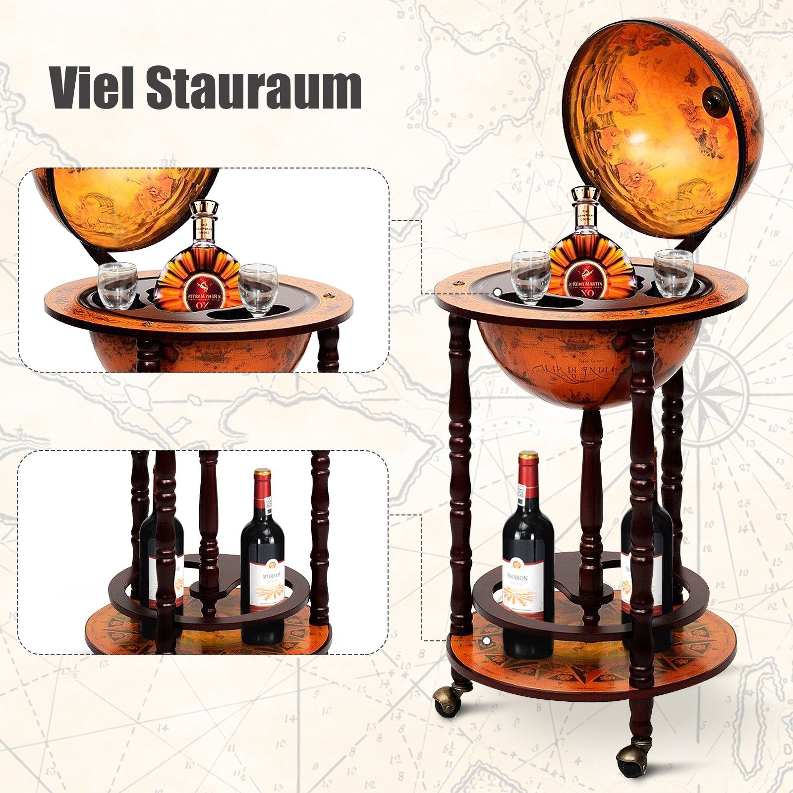 COSTWAY Weinregal stehend, Flaschenregal, Globusbar, mit Rollen & Deckel
