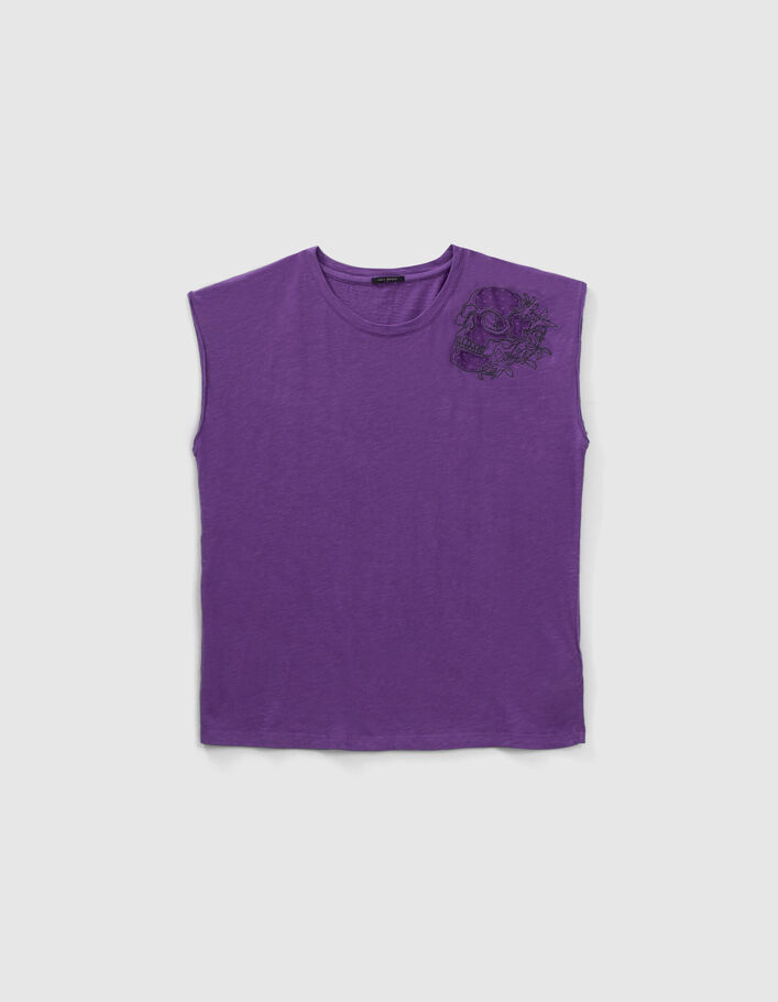 Tee-shirt violet broderie tête de mort avec tulle Femme