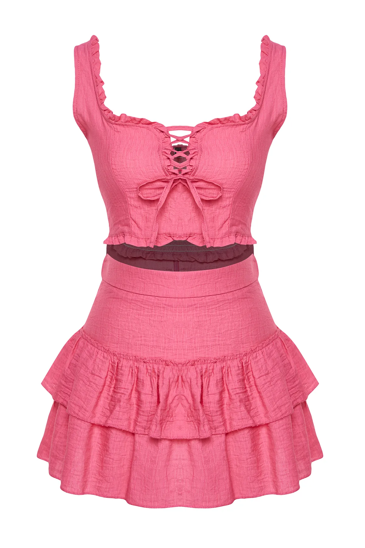 Trendyol Collection  Fuchsiafarbenes Set mit gewebter Rüschenbluse und Rock TBESS21AU0093