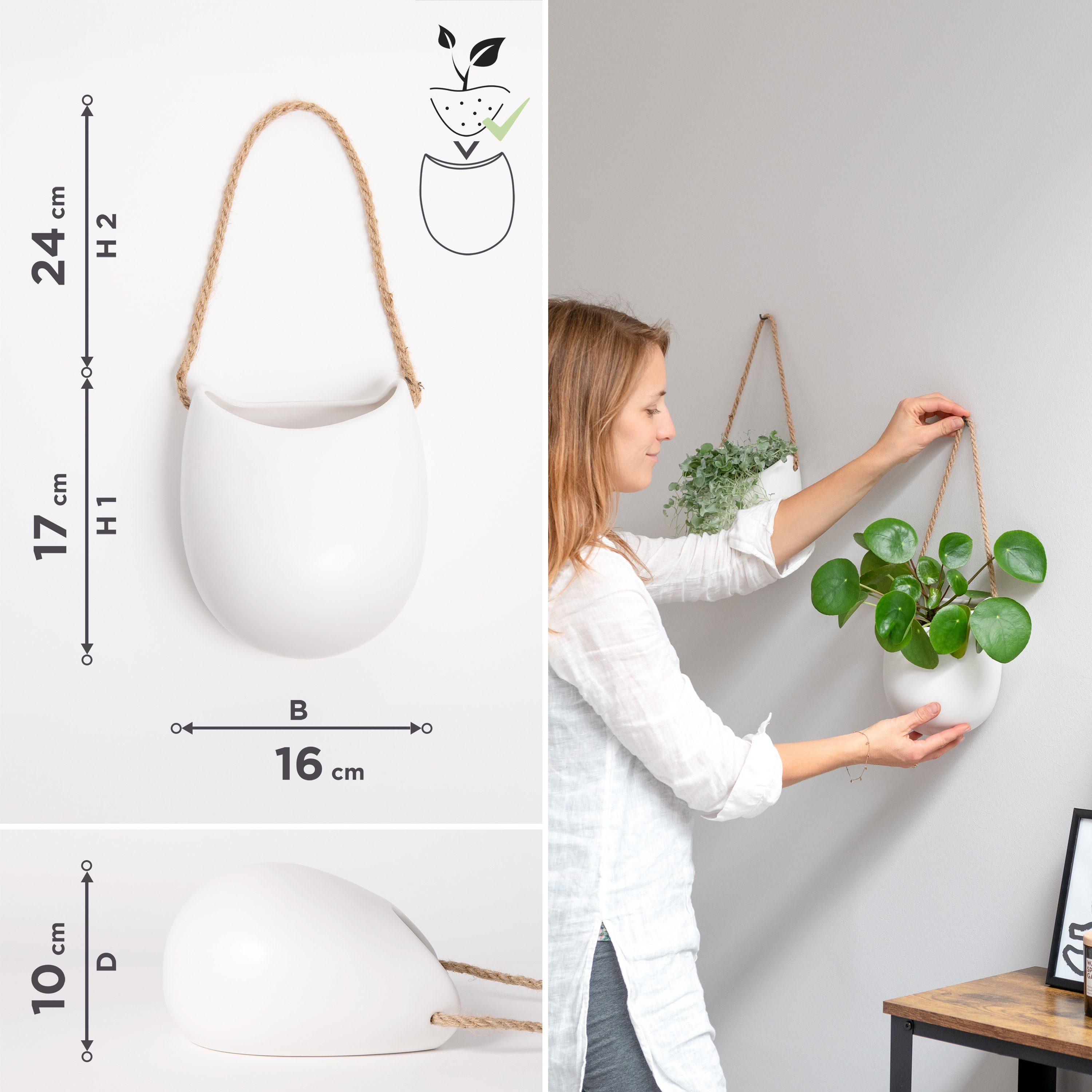KAZAI. Blumentopf Keramik Wandvasen (Set, aus 2 Töpfen inkl. verschiedener Aufhänger, ohne Bohren), Wand-Blumentöpfe als originelle Wohn-Deko