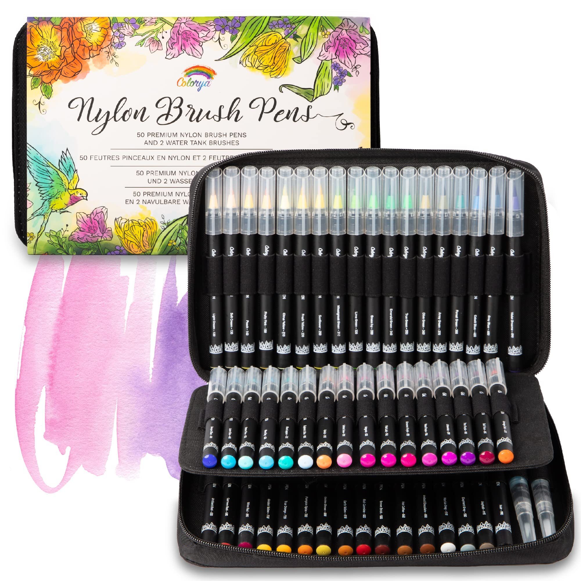 Colorya Pinselstift 50er Pinselstifte-Set mit Nylonspitze und praktischer Tragetasche, 50er Pinselstifte Set mit Nylonspitze und Tragetasche