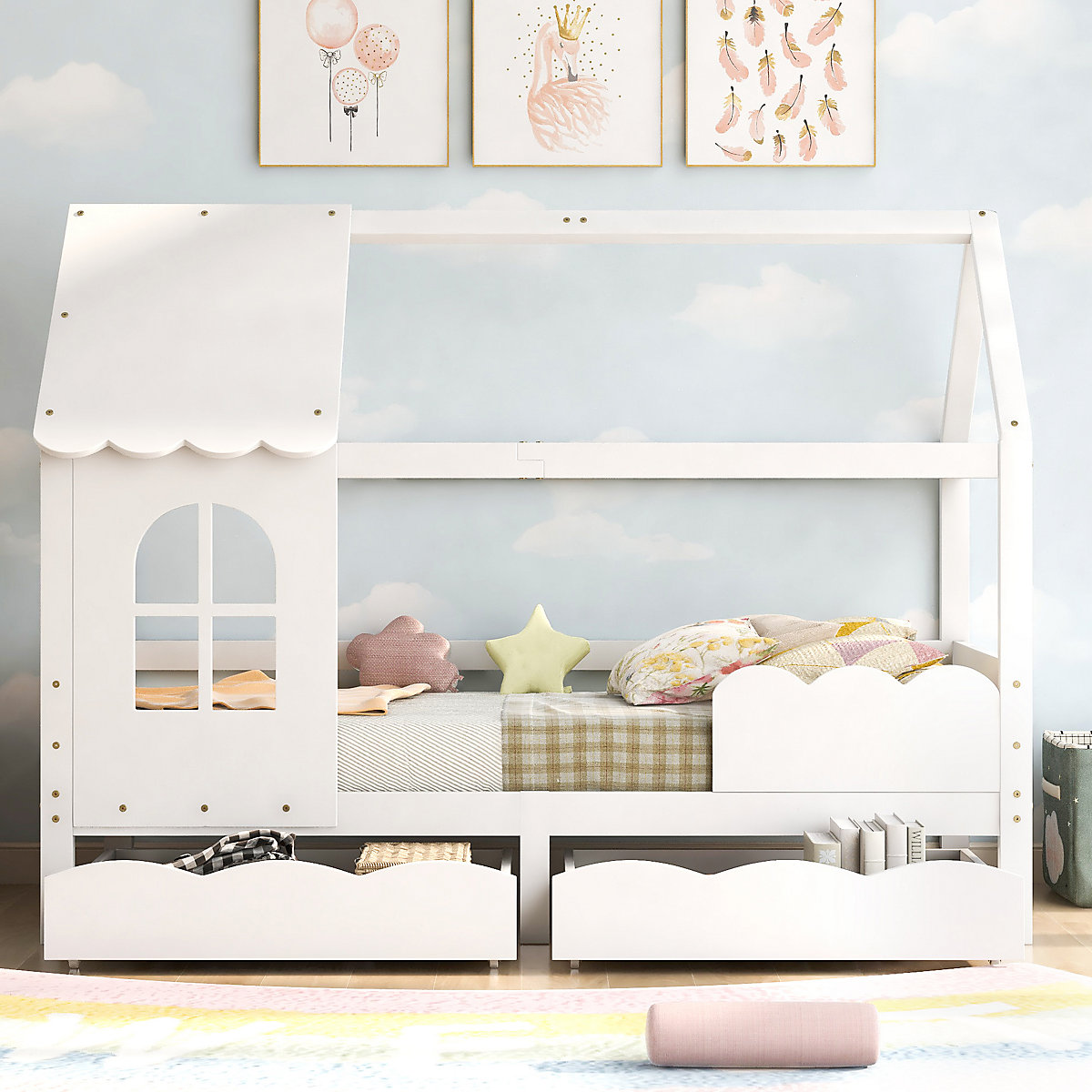 Hausbett 90x200 cm mit Schubladen und Rausfallschutz